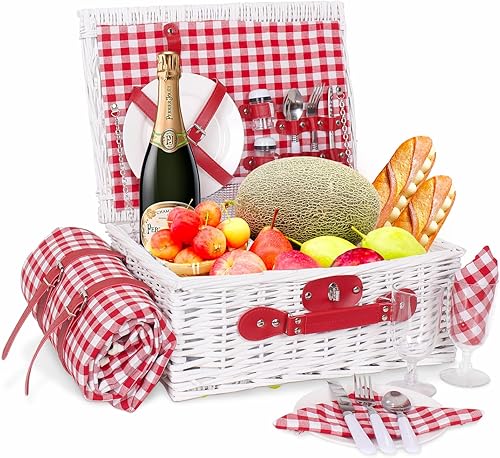 Yosamy Juego de cestas de mimbre para 2 personas con compartimento aislante para enfriar, tapete de picnic, kits de cubiertos, perfecto para