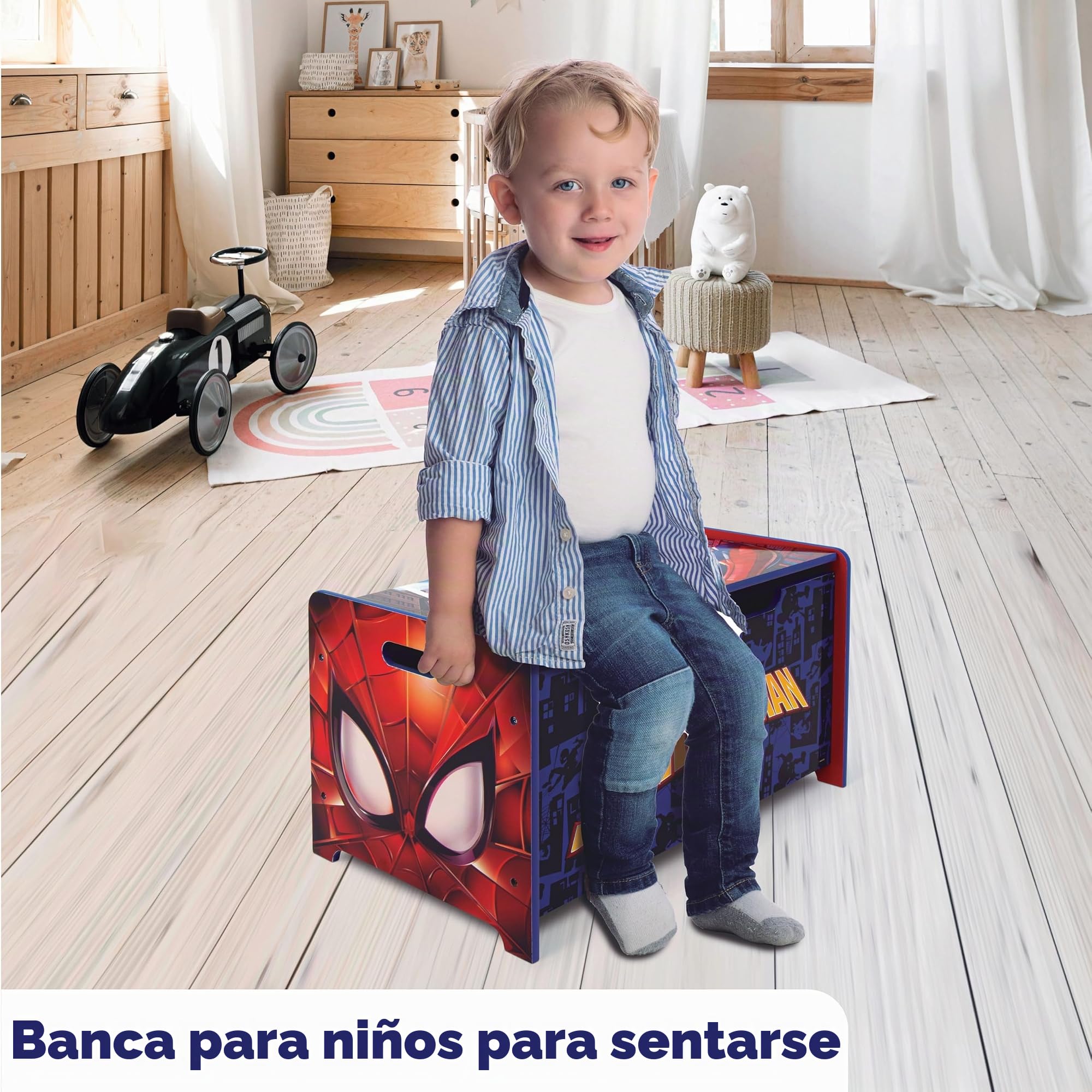 ARDITEX - Banco juguetero de madera de Spiderman (de Marvel) - 62.5x40x37cm - Color azul y rojo - Ideal para almacenar juguetes, ropa o cosas en un dormitorio infantil