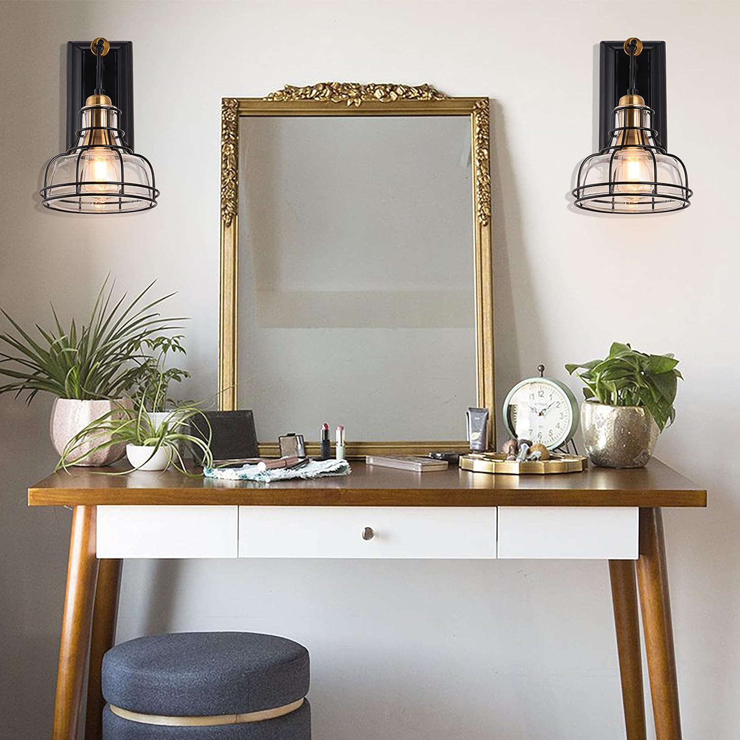 PAPAYA Retro Style Village Porch Light Black Metal Base Glass Wall Lantern Lamps Wall Sconce for Living Room Bedroom Farmhouse Country Lighting Industrial Light