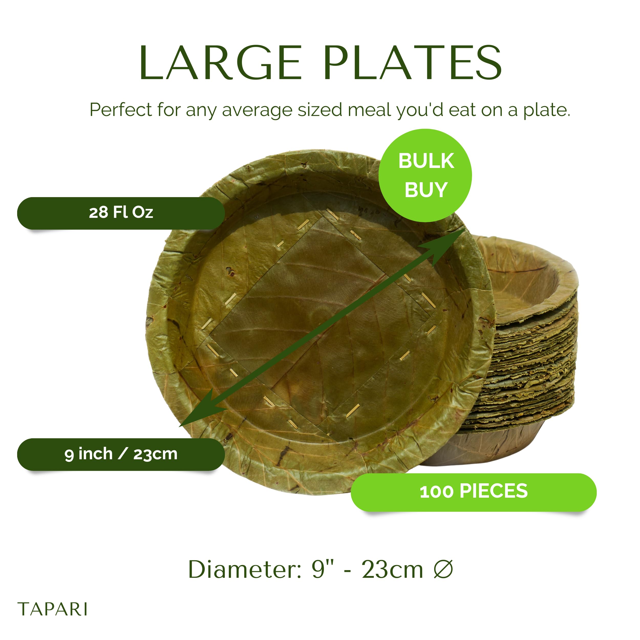 Tapari, piatti usa e getta grandi, 100 pezzi, diametro 23 cm, 800 ml, piatti usa e getta grandi, 100% compostabili, piatti usa e getta naturali per catering ed eventi aziendali, confezione da 100