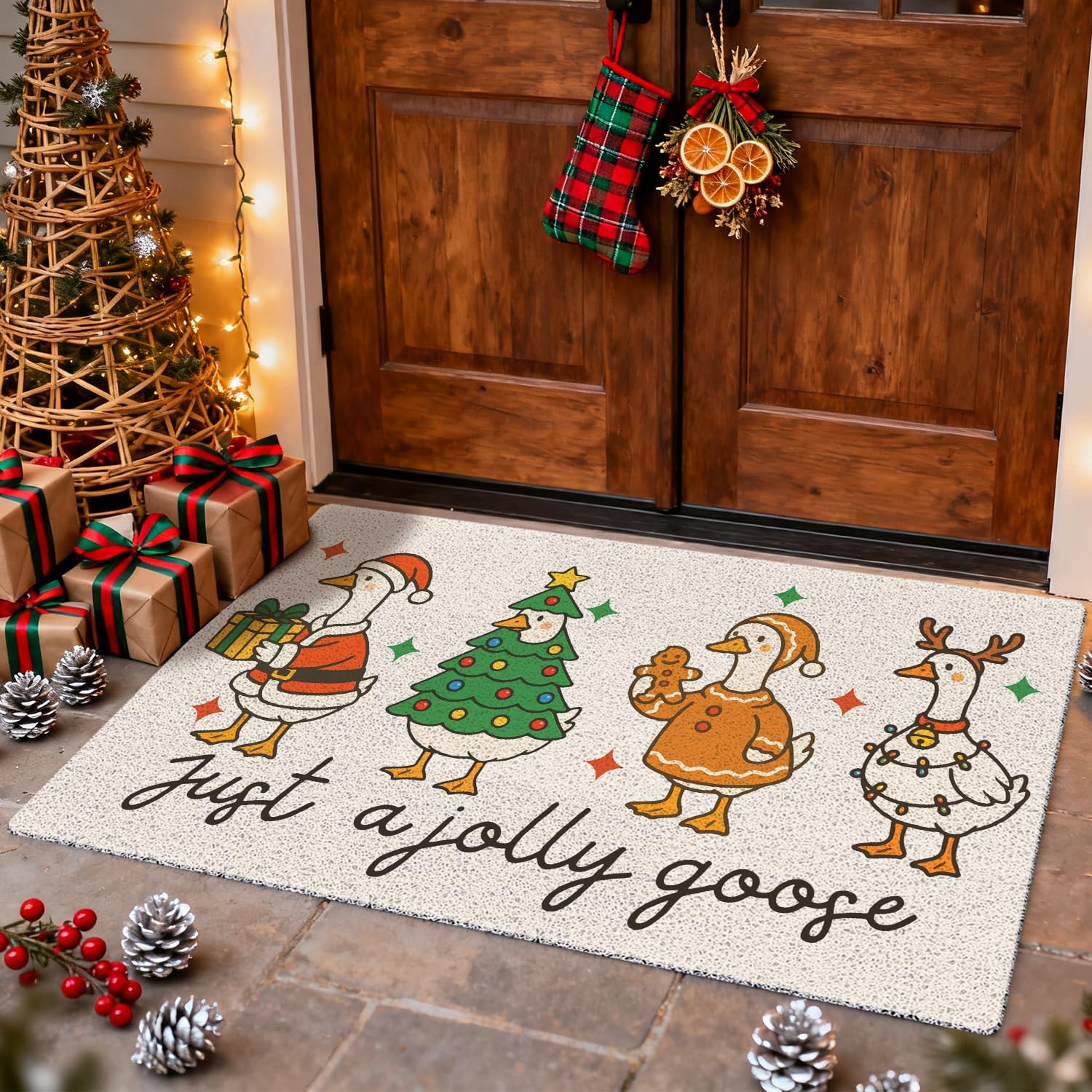 Christmas Goose Door Mat,Cute Festive Goose Santa Christmas Tree Mats for Home Outdoor Indoor Entrance,Beige Winter Holiday Xmas Doormat for Front Door Porch Entryway,17x30 Inches