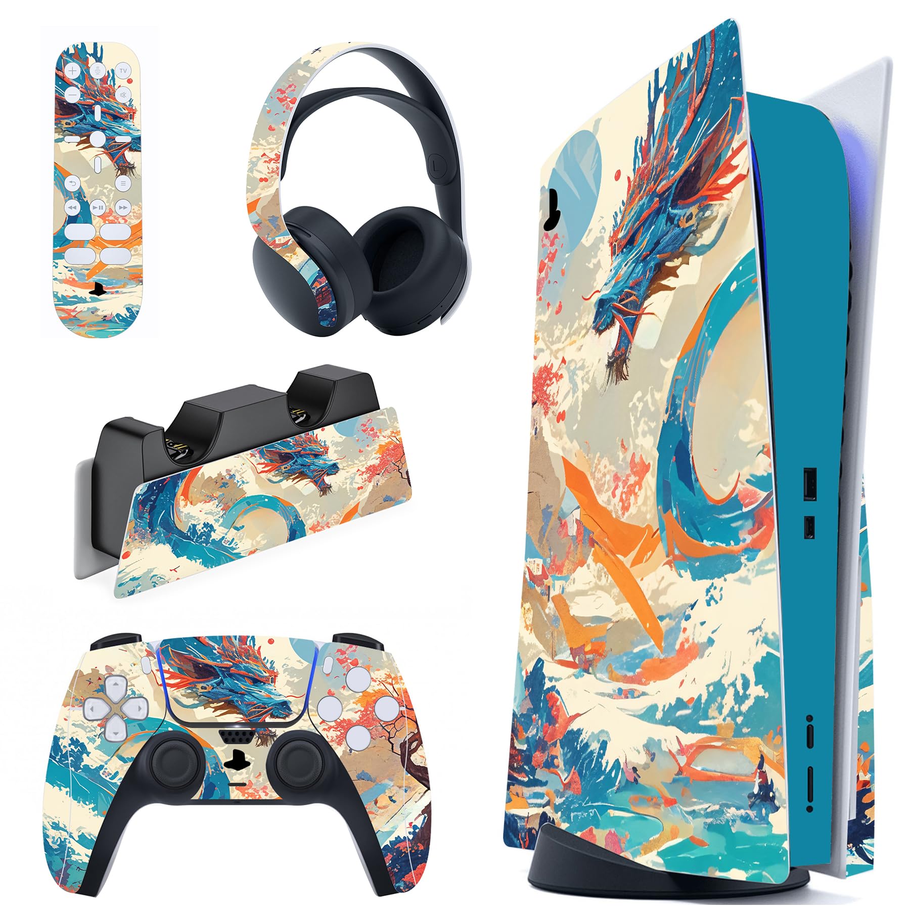 playvitalFull Set Skin Decal for ps5 Console Disc Edition, Vinyl Sticker Decal Cover for ps5 Controller & Charging Station & Headset & Media Remote - Dragon's Elysium