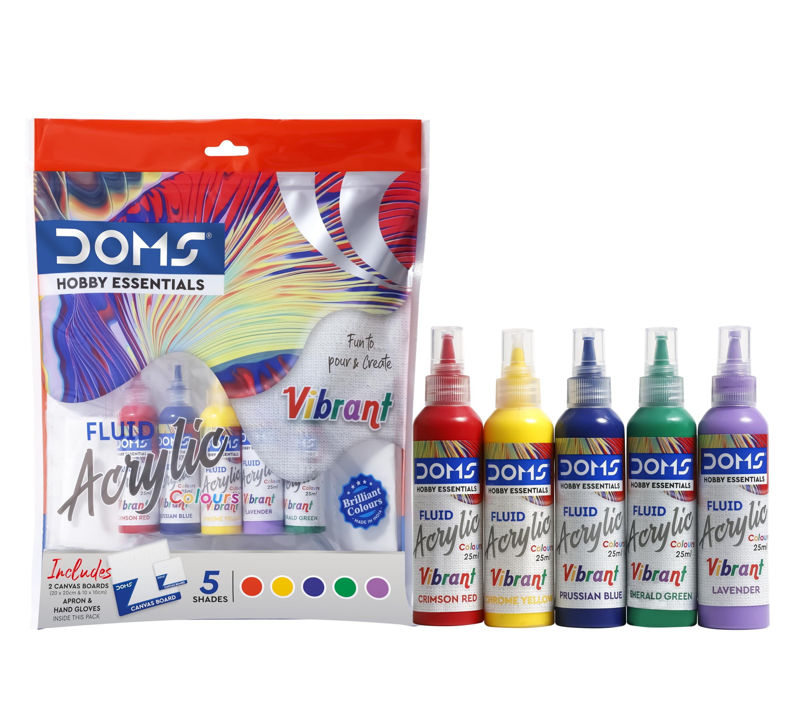 DOMS Vibrant Fluid Acrylic Colour | 5 Vibrant Colours Crimson RED, Chrome Yellow, Prussian Blue,EMRALD Green, Lavender of 25ml Each | 10 X 10 cm / 20 X 20 cm Canvas Board | 2 Gloves-image-8