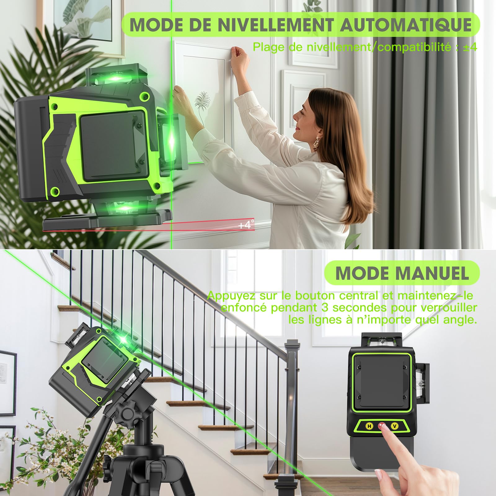 Niveau Laser Chantier Autonivelant 360° x 4, Laser Niveaux 4D 16 Lignes Laser, Autonivellement et Mode Pulsé Extérieur, 2 x Batterie, Nivellement Automatique, Support Rotatif, Télécommande