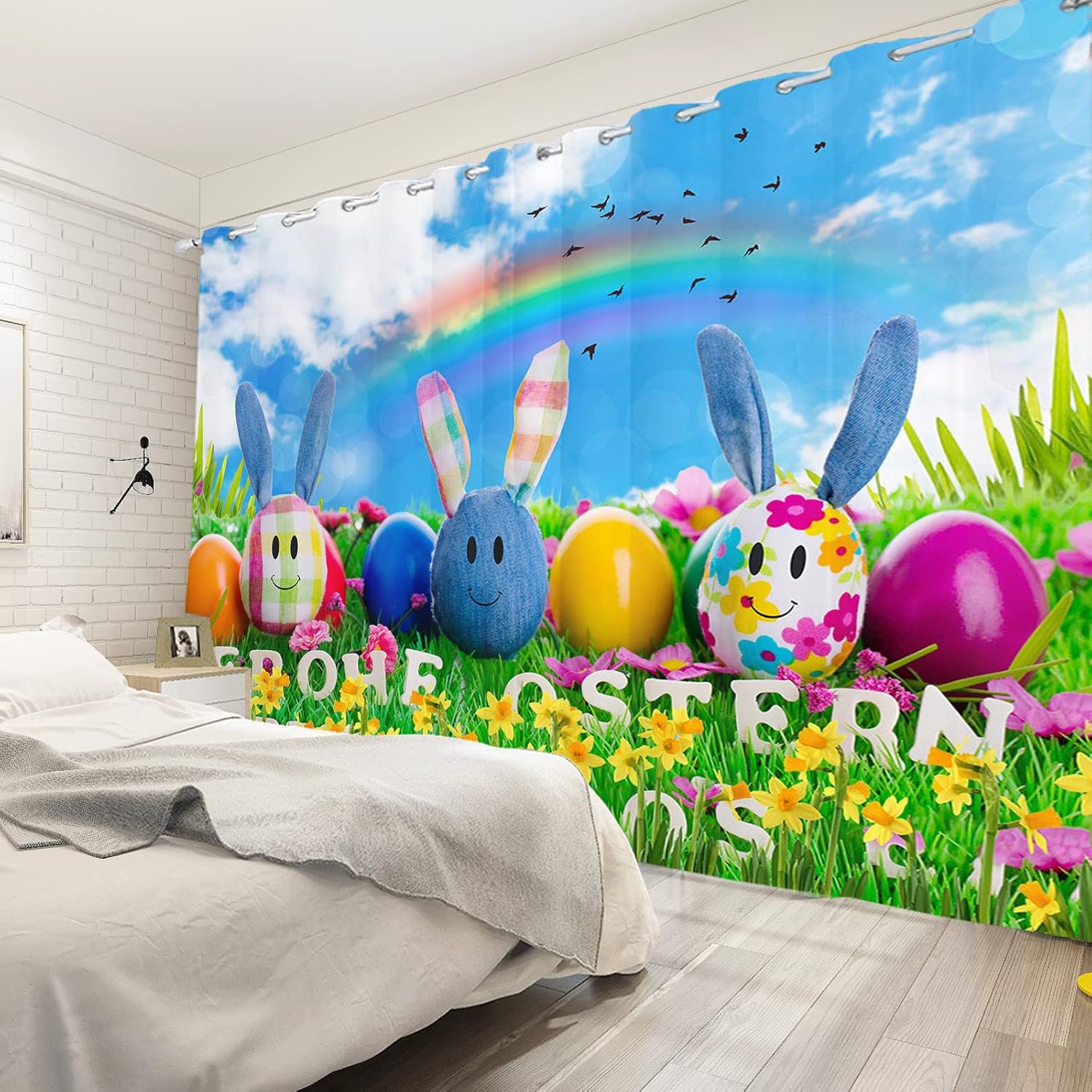 Yeele 21x63inches Happy Easter Window Curtains for Kids Adult Bedroom Living Room Spring Garden Colorful Eggs Rabbit Ears Pattern Print Grommet Curtain Waterproof Polyester Blackout Curtains 2 Panels
