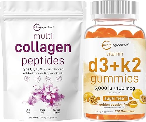 Micro Ingredients Gomitas de vitamina D3 K2 y colágeno múltiple 8 en 1  Paquete  Sabor de maracuyá sin azúcar  5,000 UI D3 + 100 mcg K2 MK-7