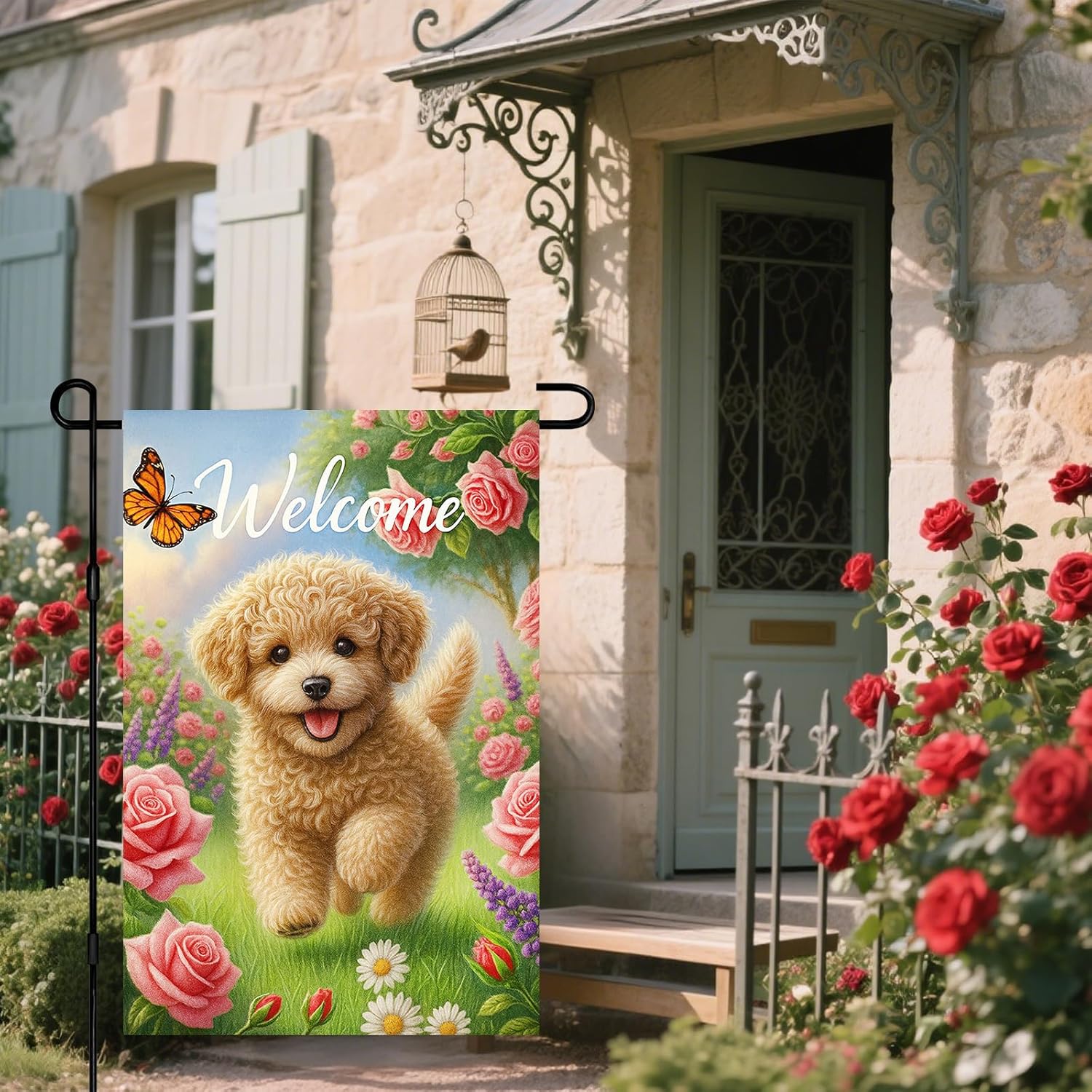 IVN Welcome Spring Summer Curly Puppy Dog Garden Flag 12x18 Inch Double Sided Cute Dog Outdoor Yard Flag Spring Animal Garden Flag Farmhouse Floral Dog Garden Decor For Outside Home - Image 7
