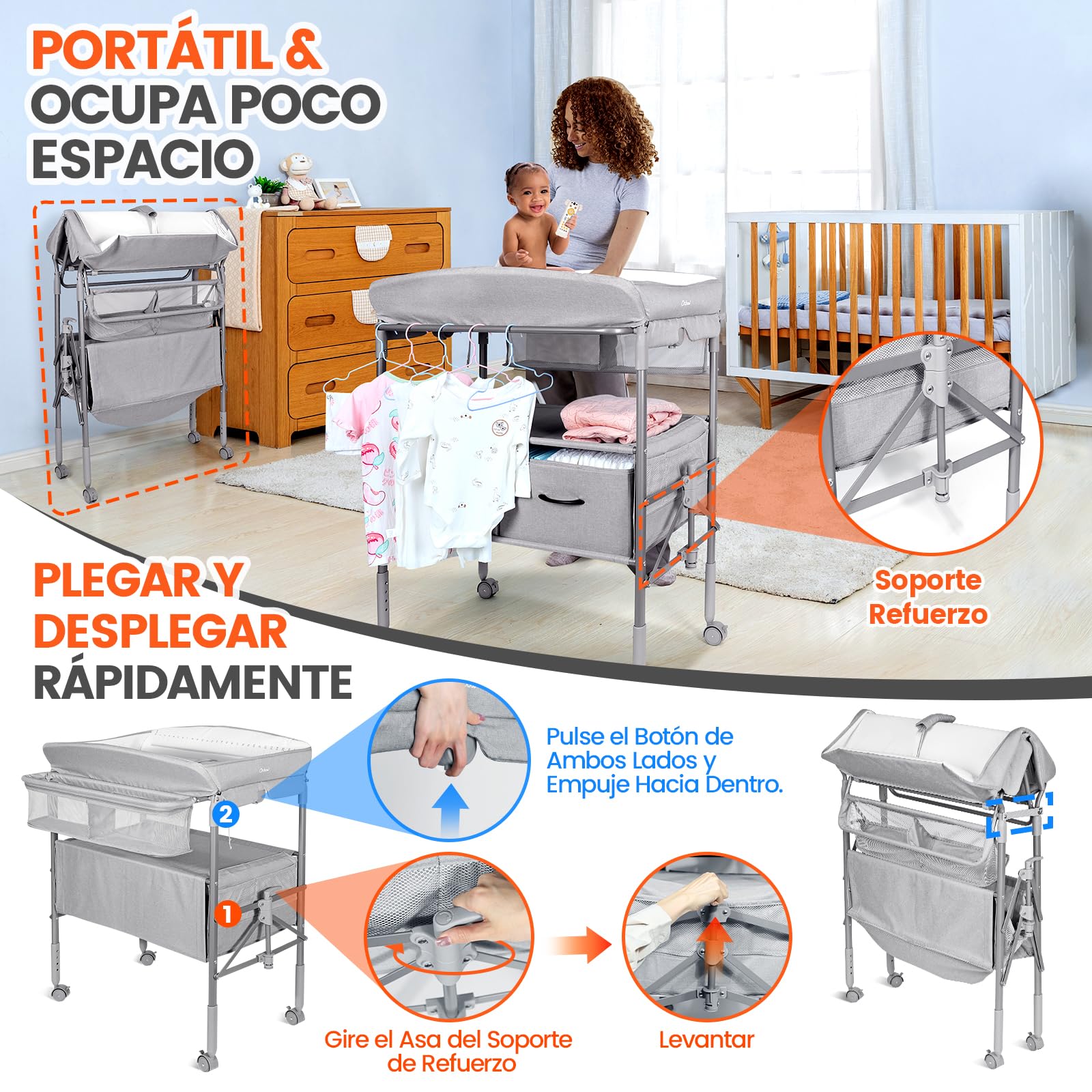 Cambiador Bebe Mueble con Luz Nocturna y Cajones, Mueble Cambiador Bebe Portatil de Altura Ajustable con Correa de Seguridad, Espacio de Almacenaje Extra Grande, Móvil Cómoda Cambiador Bebe, Gris