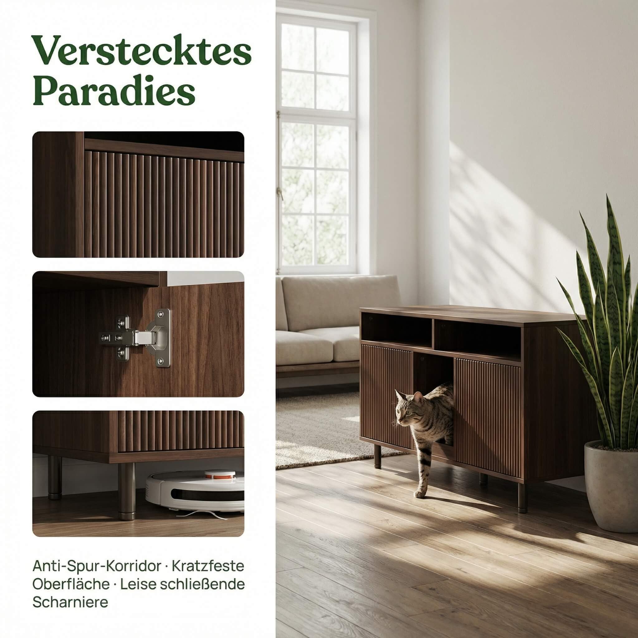 Katzenklo Schrank für 2 Katzen mit Sandauffangmatte, XXL Sideboard für Katzentoilette Versteckt, Multifunktionales Katzenhaus Möbel, Einfache Montage, Walnuss