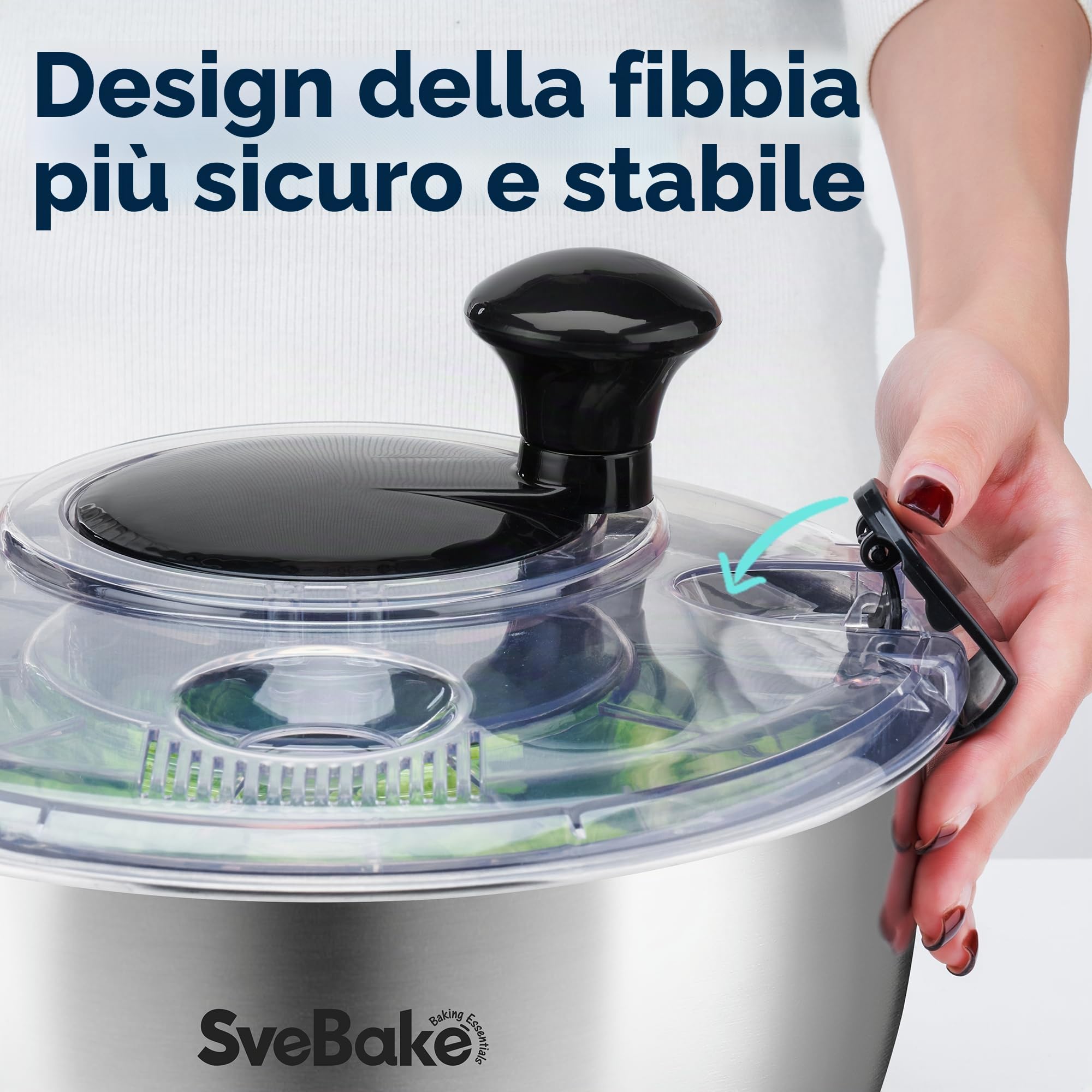 SveBake centrifuga insalata in acciaio inox 18/10 con manovella e ciotola da 4,5 litri, asciuga insalata centrifuga, lavabile in lavastoviglie