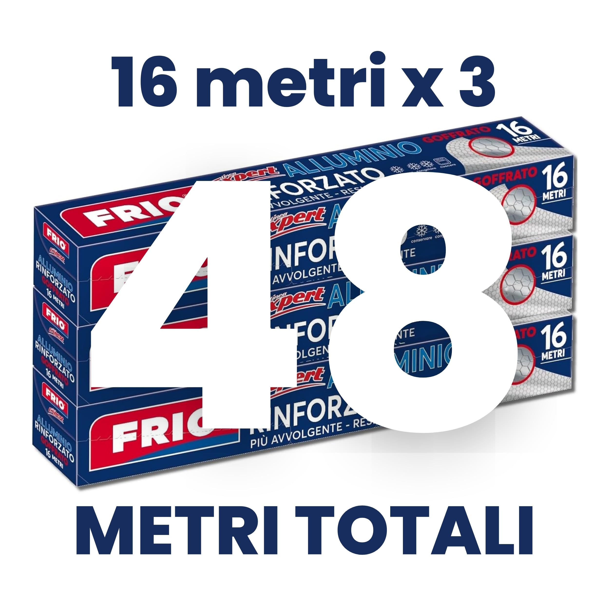FRIO - Set con 3 rotoli Alluminio alimenti Goffrato, 16 metri rinforzato, totale 48 metri, per cucinare, per cucina professionale, meno sprechi, duttile, passa dal gelo al frigo al forno