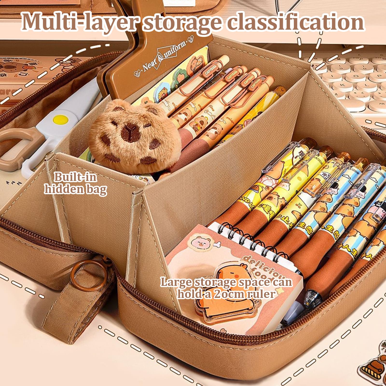 ExcellaElite Capybara Pencil Case Stationery Set including Cute Capybara Design with Compartments - Image 3