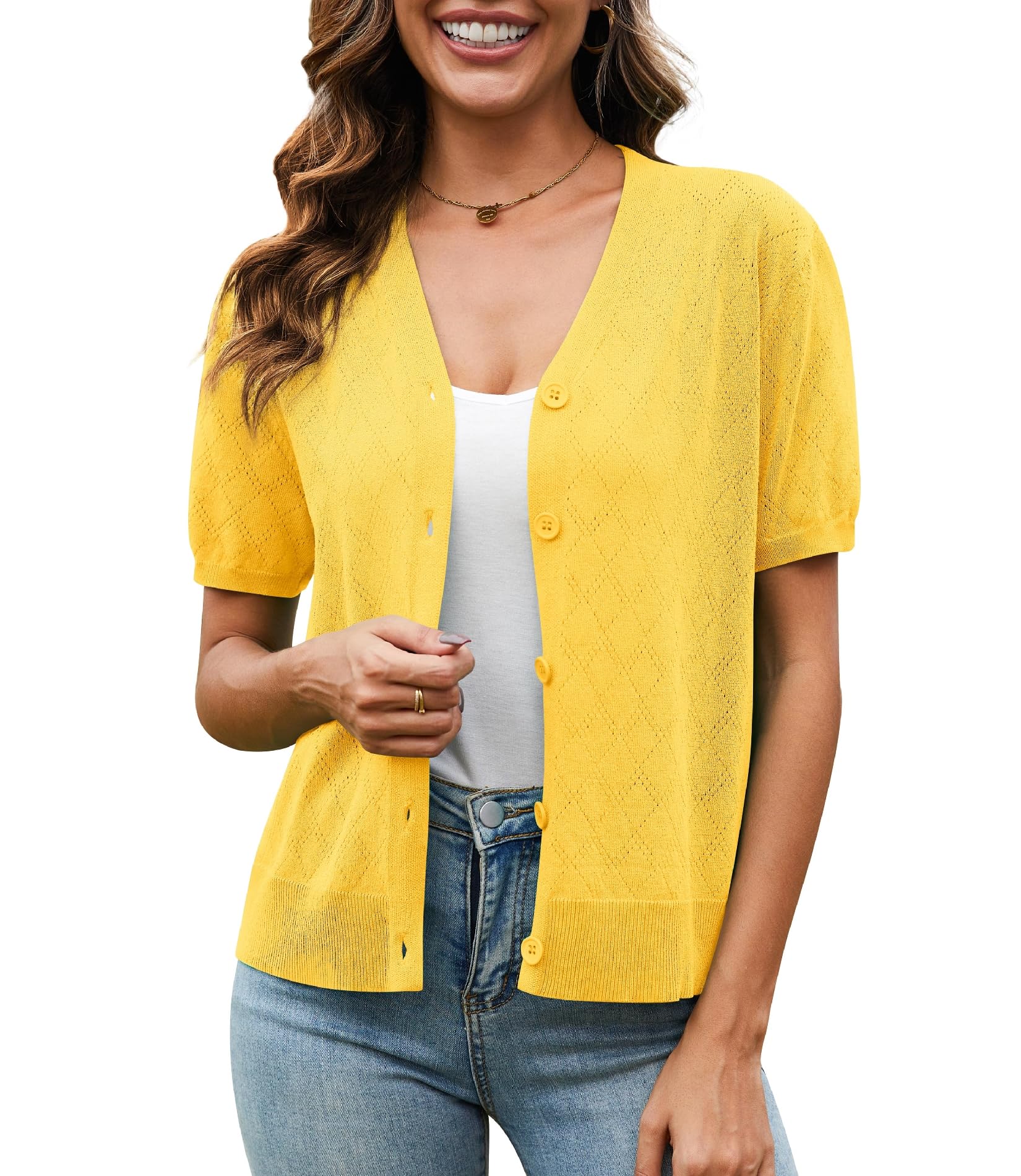 VIISHOW Short Sleeve Lightweight Summer Cardigan for Women, Button Down Open Front V Neck Crochet Knit Cropped Bolero Shrugs