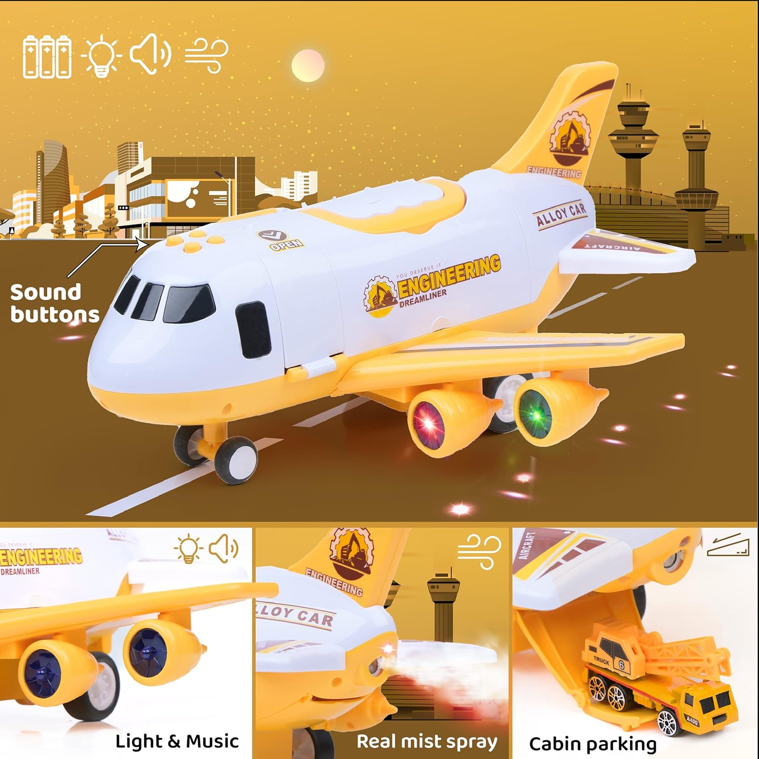 Interactive Airplane Toy with Toy Cars - Toy Airplane with Lights, Music, Jet Mist Effect & Play Mat - Battery-Operated, Realistic Design - Engineering & Travel Toys for Boys & Girls Age 3+