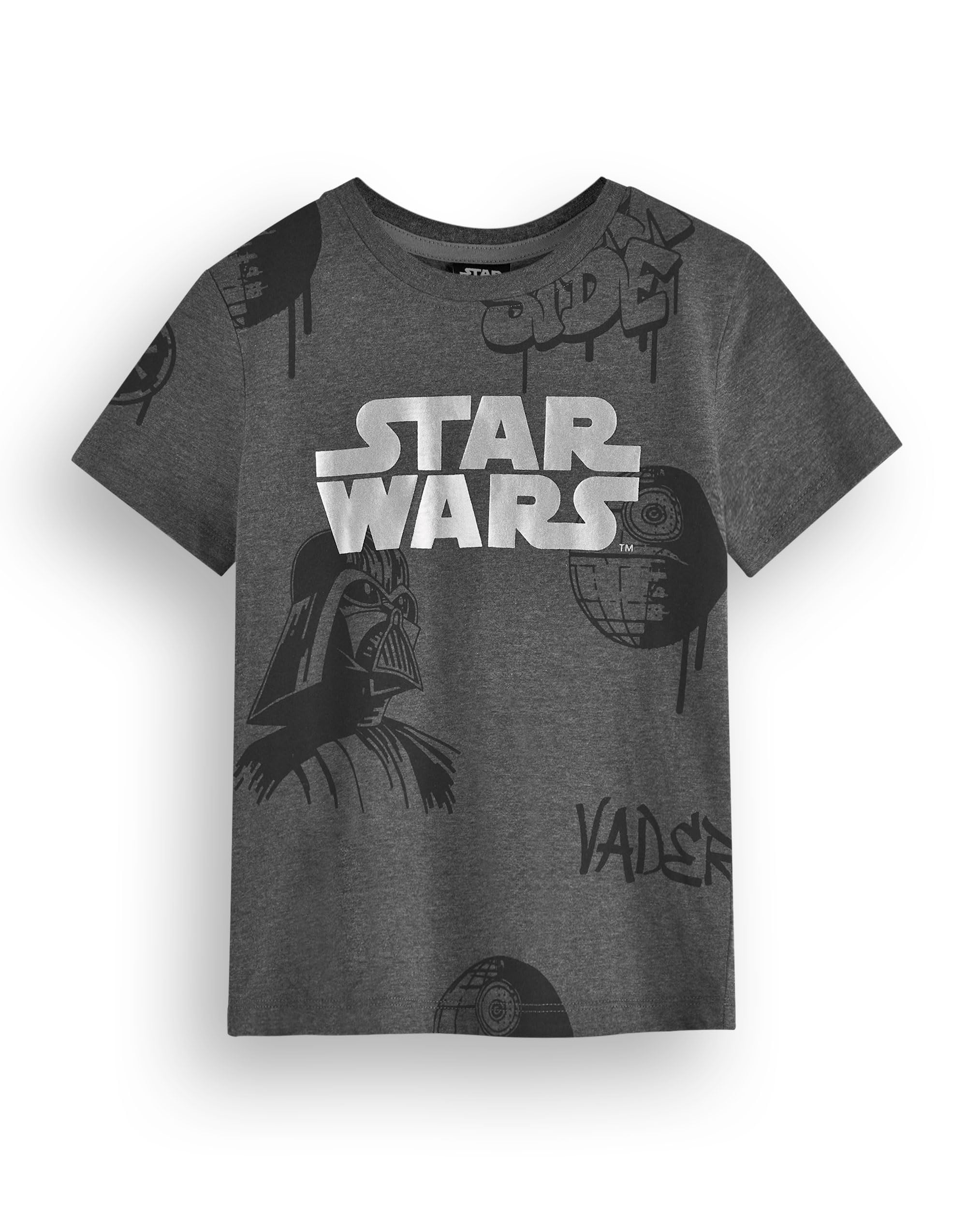Star Wars Boys Grey T-Shirt | Kids Dark Short Sleeve Graphic Tee | Classic Logo Darth Vader Death Star Dark Side Graffiti Style Apparel Top | Sci-Fi Movie Film Character Merchandise Gift
