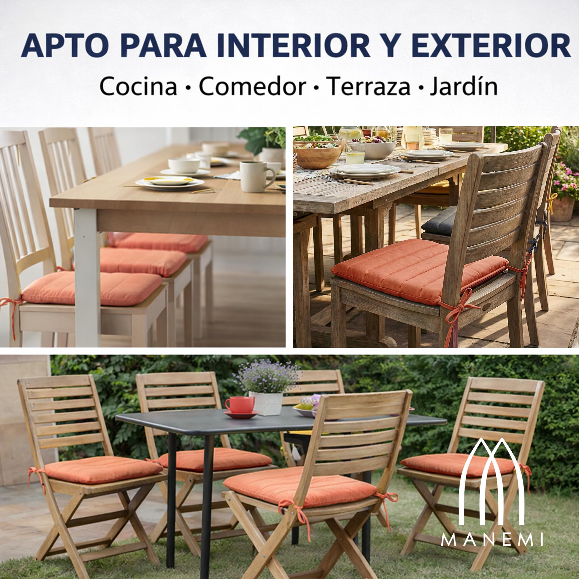 Pack 6 Cojín para silla 42x40x4 cm｜Repelente al agua y fácil de limpiar｜Con cintas de sujeción｜Funda con cremallera desmontable｜Uso interior y exterior｜Ideal para comedor, terraza, jardín u oficina