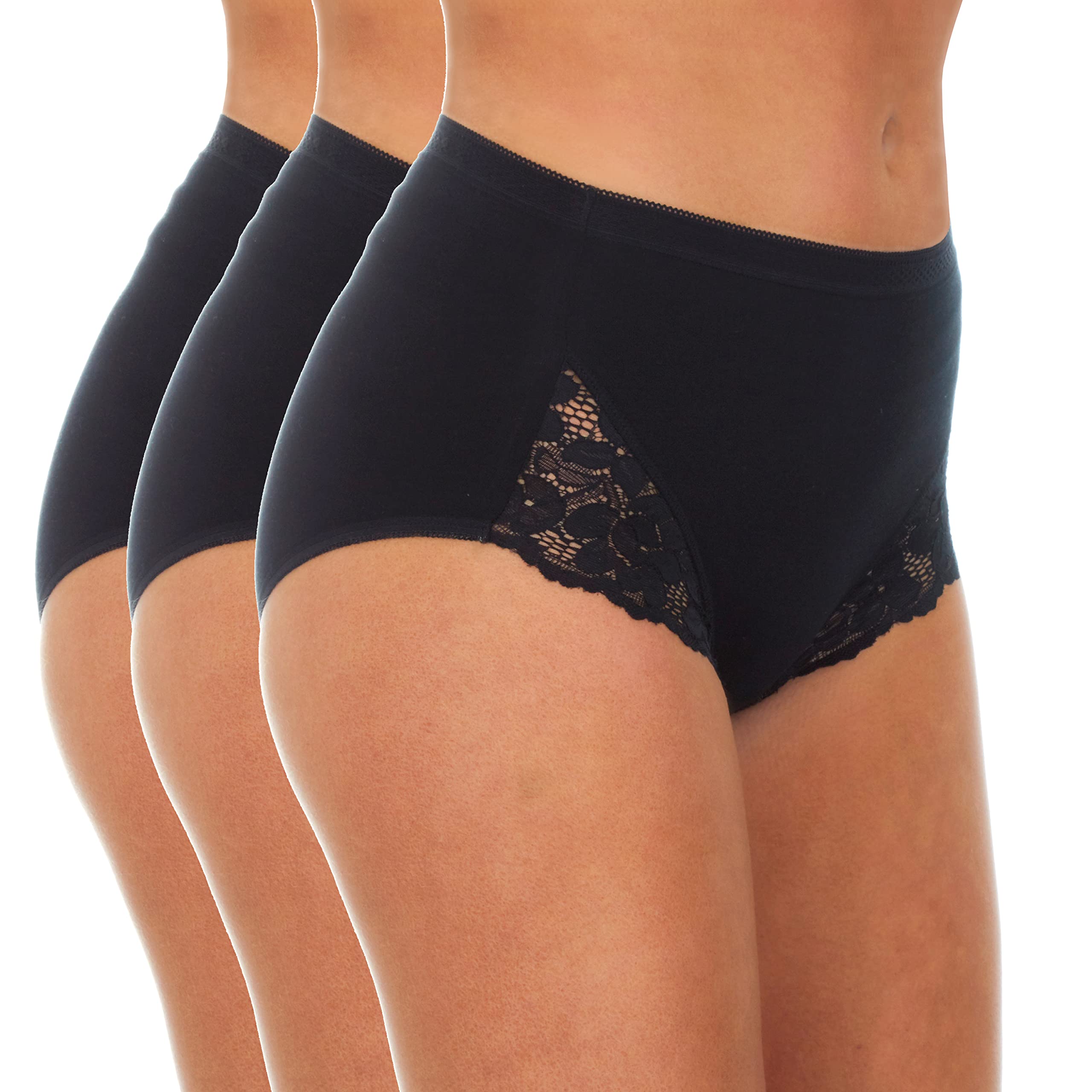 Metzuyan WS-SS23 Ladies 3 Pack Lace Maxi Briefs Cotton Rich Underwear Black 18