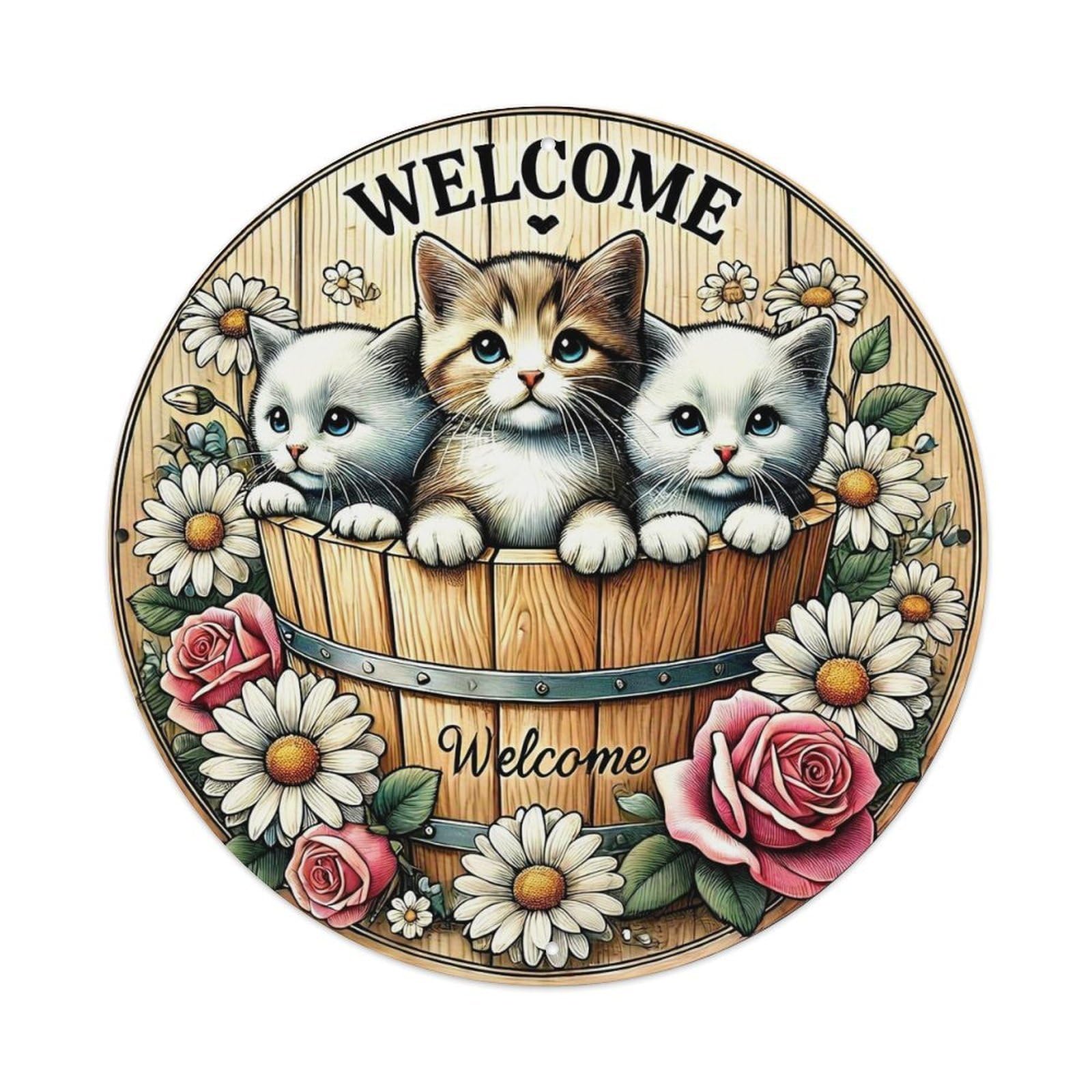 Cats In Barrel Flowers Welcome Round Tin Sign Vintage Metal Sign Home Bar Garden Indoor & Outdoor Wall Decor Retro Metal Poster 8x8 Inch