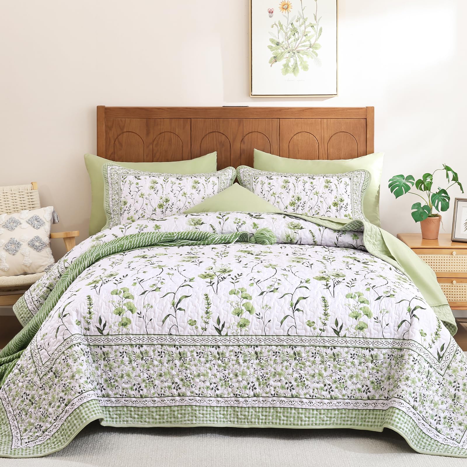 WONGS BEDDING Bettwäsche-Set mit Blumenmuster, Queen-Size-Größe, Salbeigrün, Tagesdecken-Set mit 2 Kissenbezügen, Mikrofaser, leicht, Blumen, botanische Bettwäsche-Sets für alle Jahreszeiten (243,8 x
