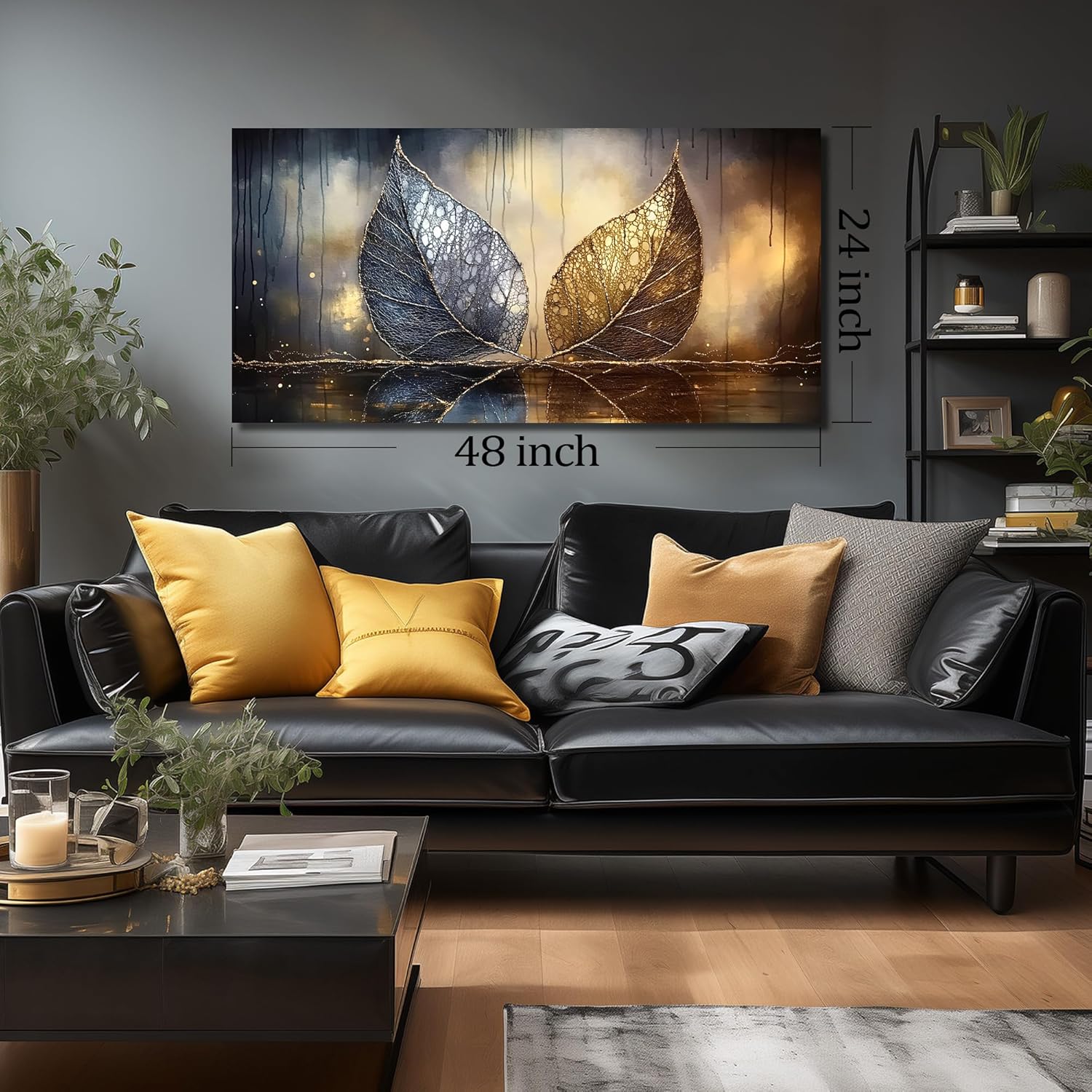JuhaiArt Gold Leaf Wall Art Bedroom Blue Wall Decor Art Black Canvas Picture for Living Room Office 24" x 48" Modern Artwork Prints