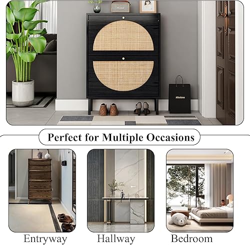 Miniatura 7 de Goujxcy Zapatero bohemio de ratán con 2 cajones abatibles, soporte delgado de almacenamiento de zapatos para tacones, botas, pantuflas, organizador