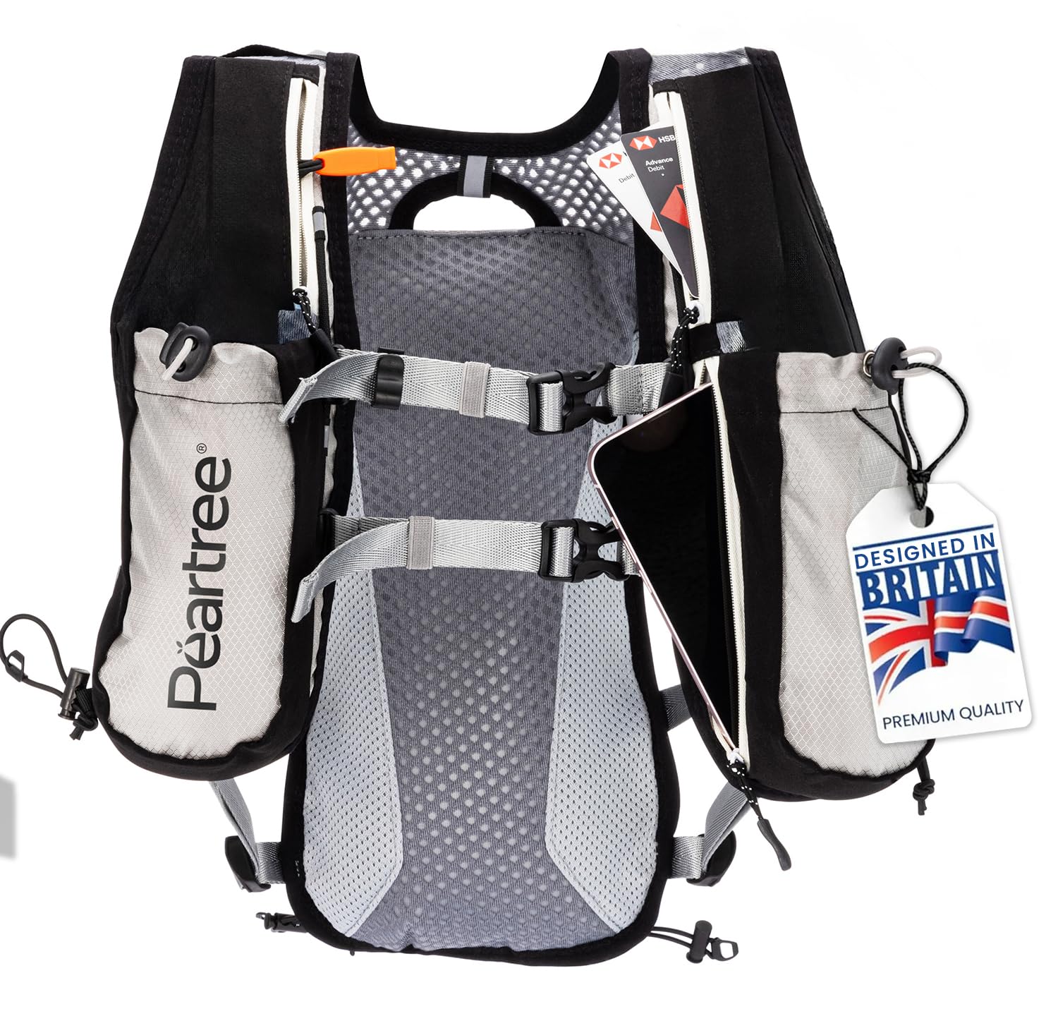 PEARTREE Running Vest for Men and Women – One Size – Premium Quality Nylon – Hydration System – Hiking Stick Holder – Pockets for Phone, Cards, Keys – Marathon, Hiking, Jogging, Cycling, Reflective