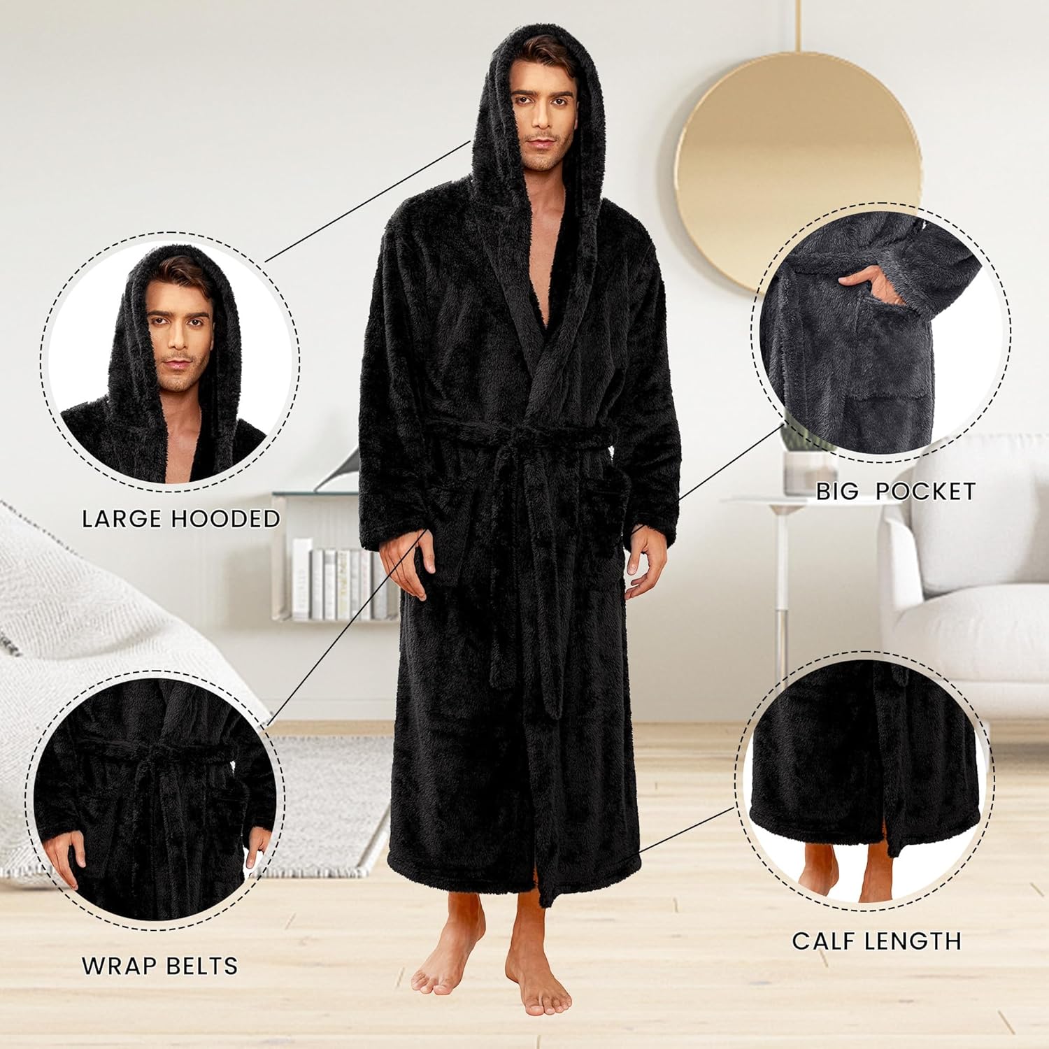 Vulcanodon Mens Robe Big and Tall with Hood, Full Length Plush Robe for Men Long Fleece Bathrobe - Image 4