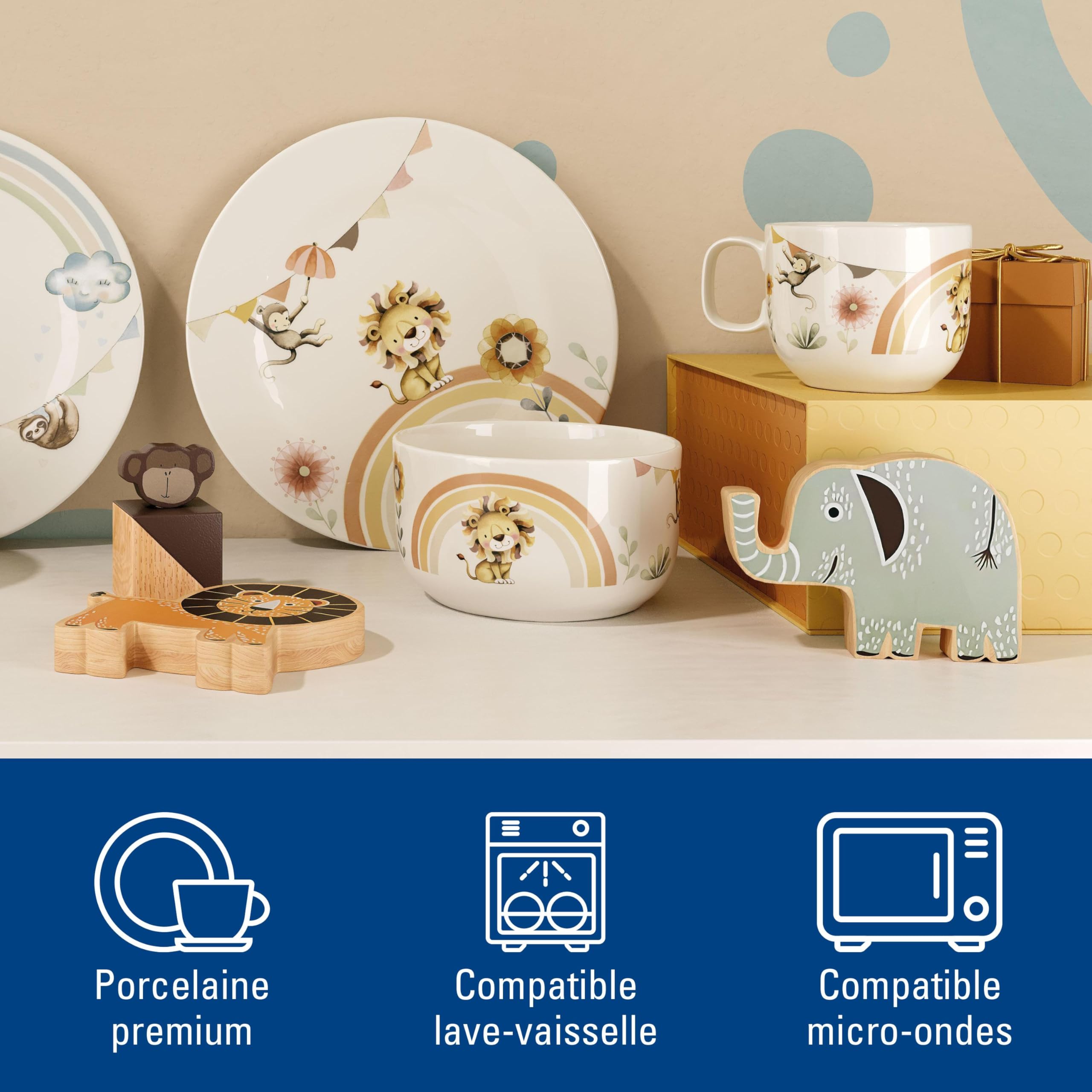 Villeroy & Boch - Boho kids Roar like a lion Ensemble de vaisselle pour enfants 3 pièces, Vaisselle en porcelaine et couverts en acier inoxydable, Lavable au lave-vaisselle, Compatible micro-ondes