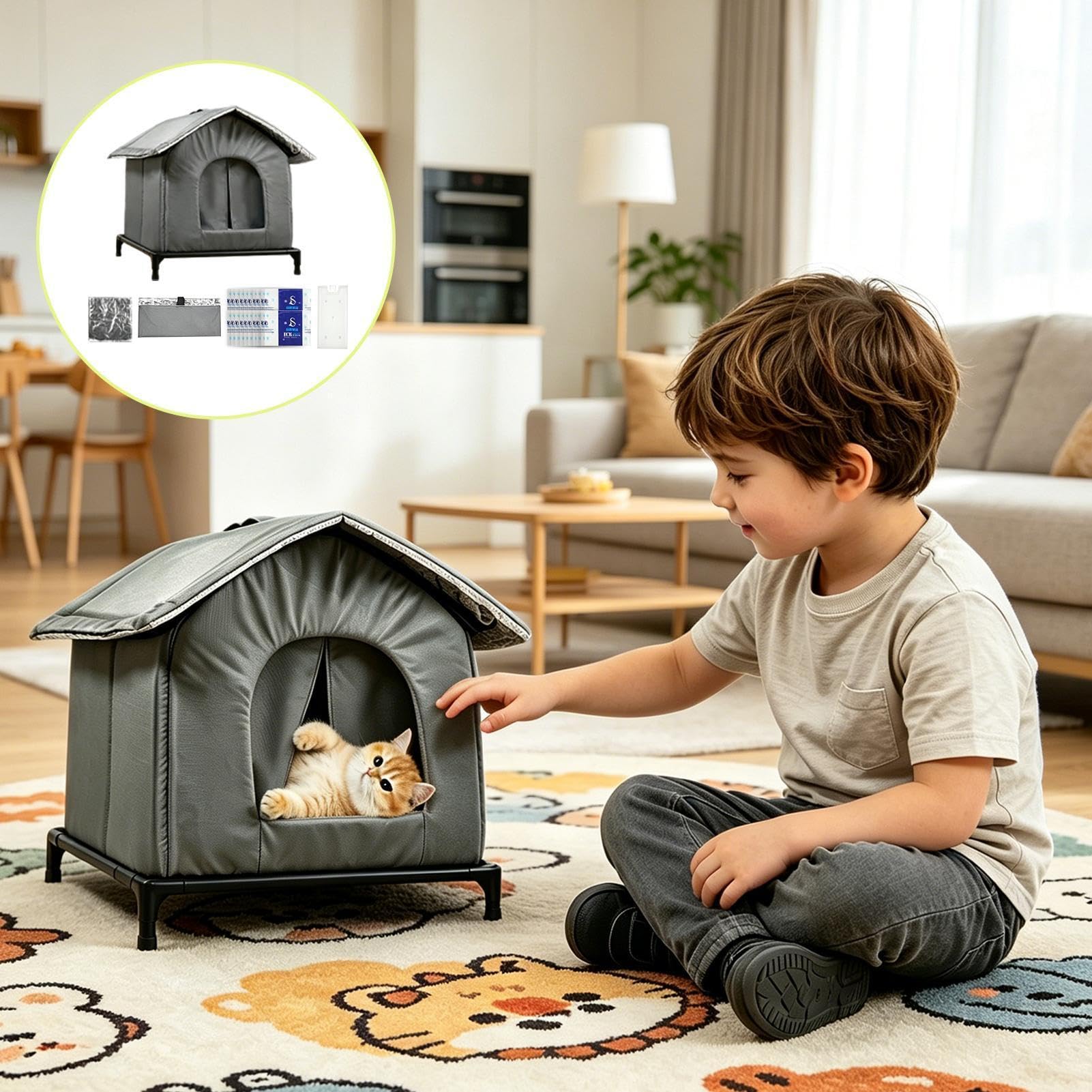 Casa di raffreddamento per animali domestici, Cuccia climatizzata pieghevole per gatti con 20 impacchi di ghiaccio, Cuccia gatto sollevata, Casetta impermeabile e isolata per interni/esterni