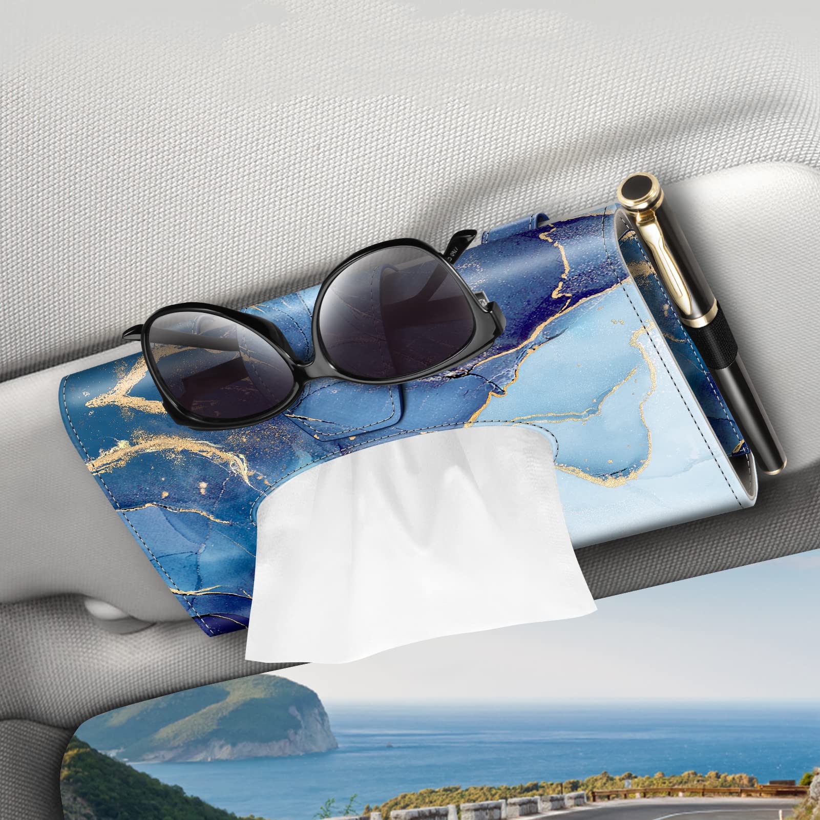 CaseBot Car Visor Tissue Holder, Sun Visor Napkin Holder, Mask Holder for Car, PU Leather Backseat Tissue Box for Car Truck SUV, Ocean Marble