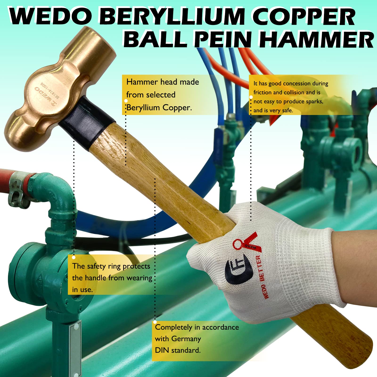 WEDO Funkenfrei Kugelhammer 230g,Berylliumkupfer,Geschmiedet,Holzgriff,BAM & FM Zertifiziert,DIN Norm,Länge 300mm,Nicht magnetisch,Explosionssicher Runder Doppelkopfhammer Werkzeug
