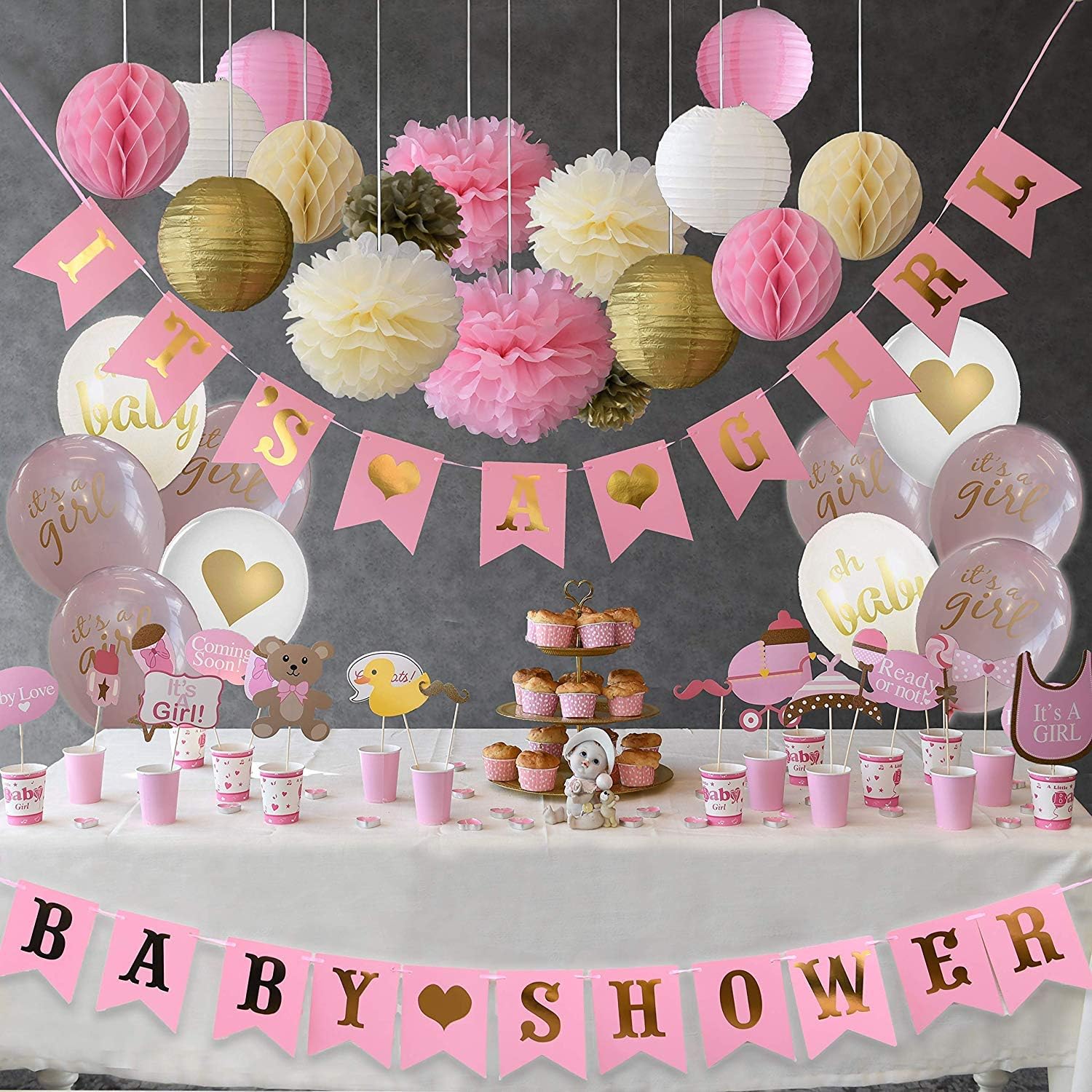 Baby Shower Burlap Banner, bunting banner, Rustic Theme Party Decorations, Vintage Pennants Flags With Blue Lettering, Pre Strung With Jute Rope, 10 Feet