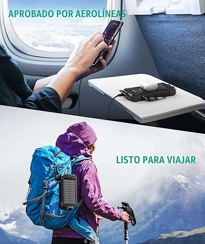 Miniatura 8 de Blavor - Paquete de batería externa solar, cargador inalámbrico Qi de 10,000 mAh, entrada y salida tipo C, linterna doble superbrillante, brújula