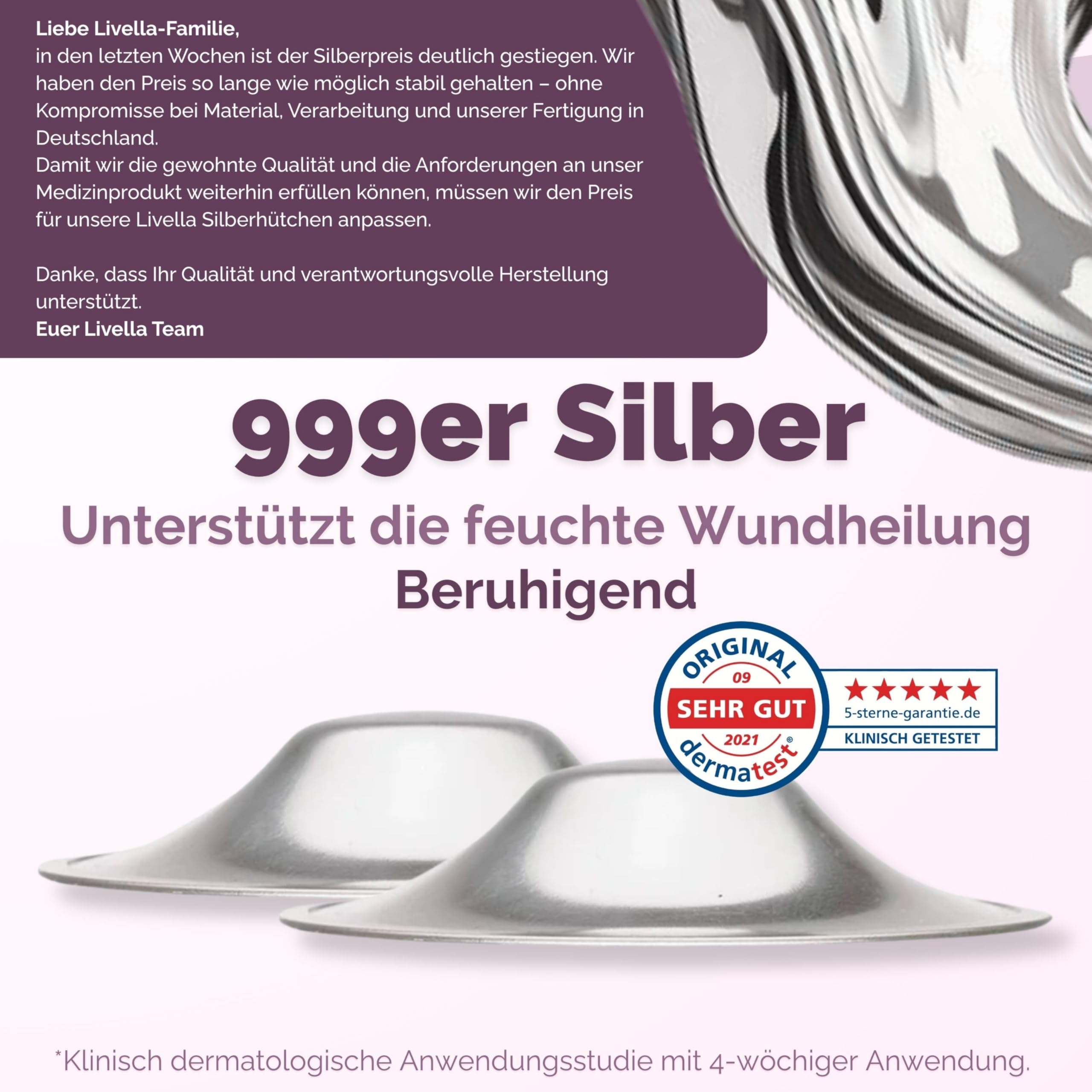 Livella | Silberhütchen aus 999er Silber mit 2x Comfort-Ring | Made in Germany | Hilfe bei gereizten Brustwarzen | Unterstützt feuchte Wundheilung beim Stillen | Wochenbett Stillhütchen (2 Stück)
