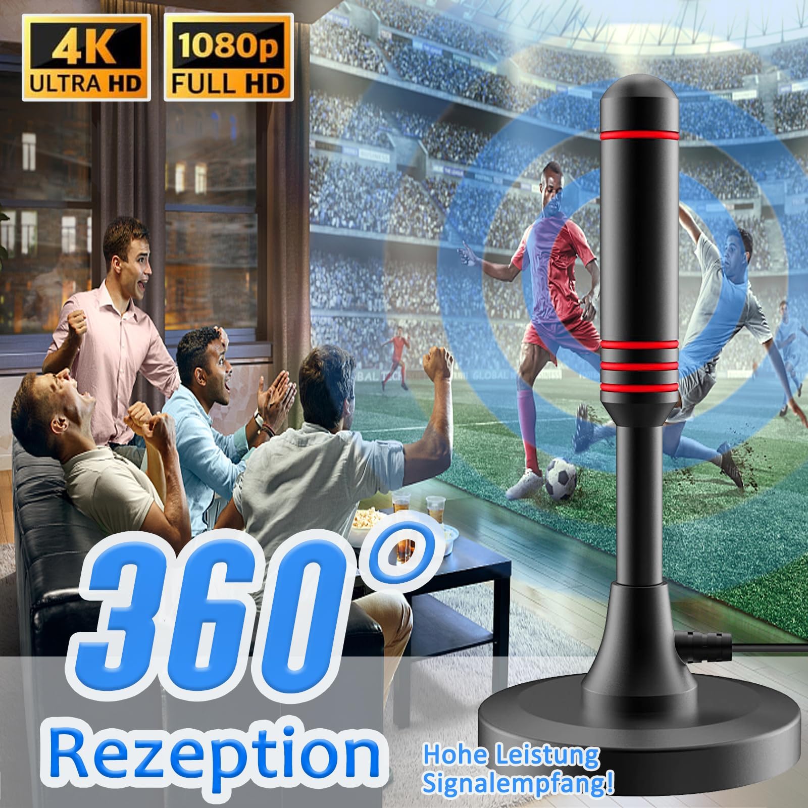 Antenna TV Interna, Antenna TV Interna HDTV Digitale 500+ Miglia Amplificata con Base Magnetica/Amplificatore di Segnale Support 4K HD/1080P/VHF/UHF per Home Smart Televisione/Radio, Cavo Coassiale 5M