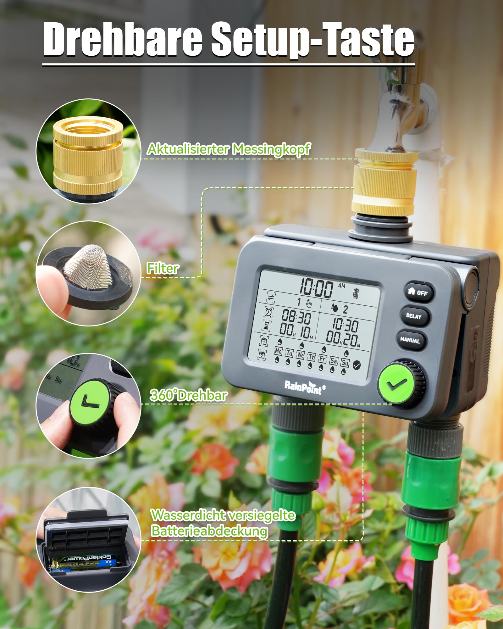 TURNRISE Water Timer, 2 Sockets, Digital Irrigation Spray Timer with