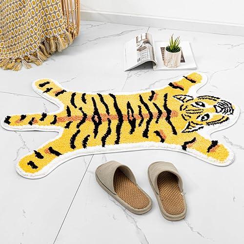 ZSCYD-yingda1992 Tapete de baño con forma de tigre para baño, tapete de baño con dibujos animados de tigre amarillo, antideslizante, absorbente,