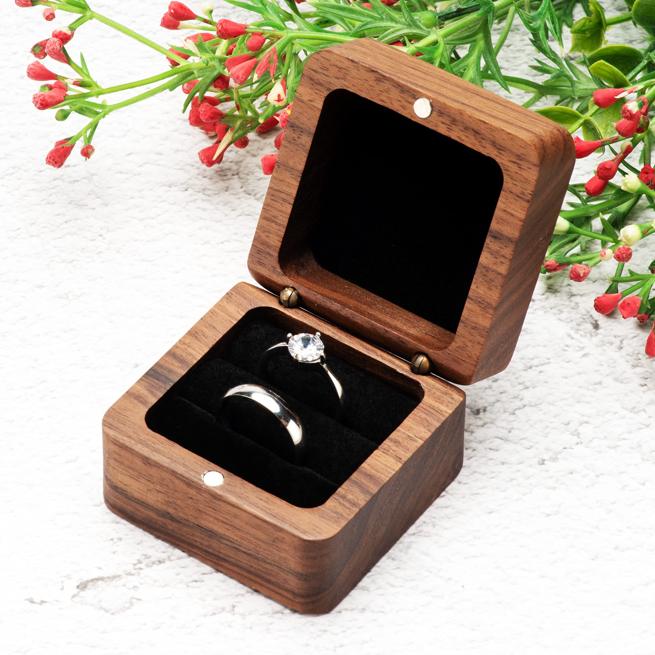 Caja Anillos Doble Ranura Imán Caja De Anillos De Boda Personalizable De Madera - Doble Ranura, Con