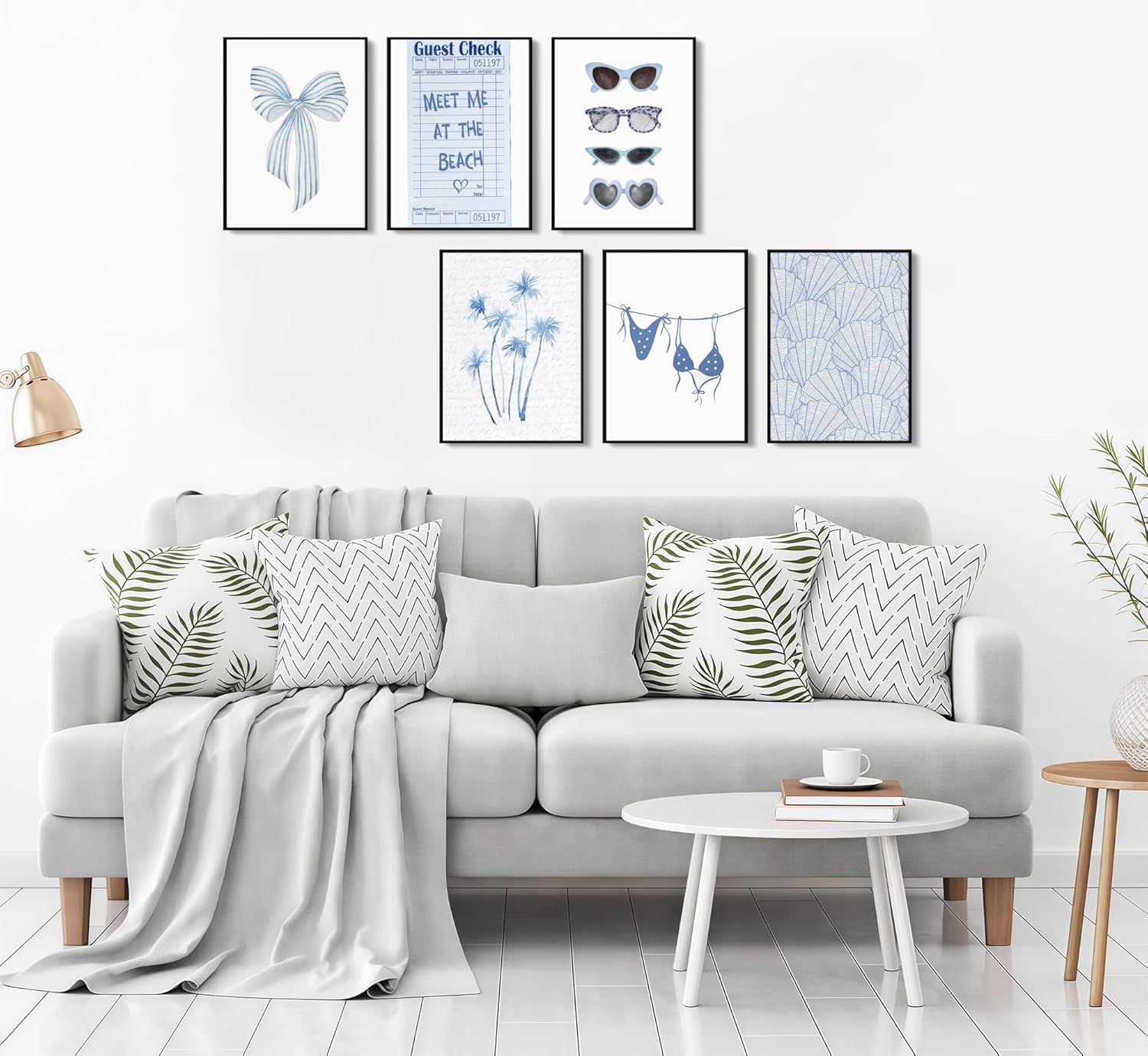 6Pcs Coast Bikini Preppy Canvas Wall Art Blue Shell Bow Coquette Picture Wall Decor Meet Me at The Beach Coastal Granddaughter Poster Print Artwork for Room Teen Girl Dorm Apartment Home Decoration