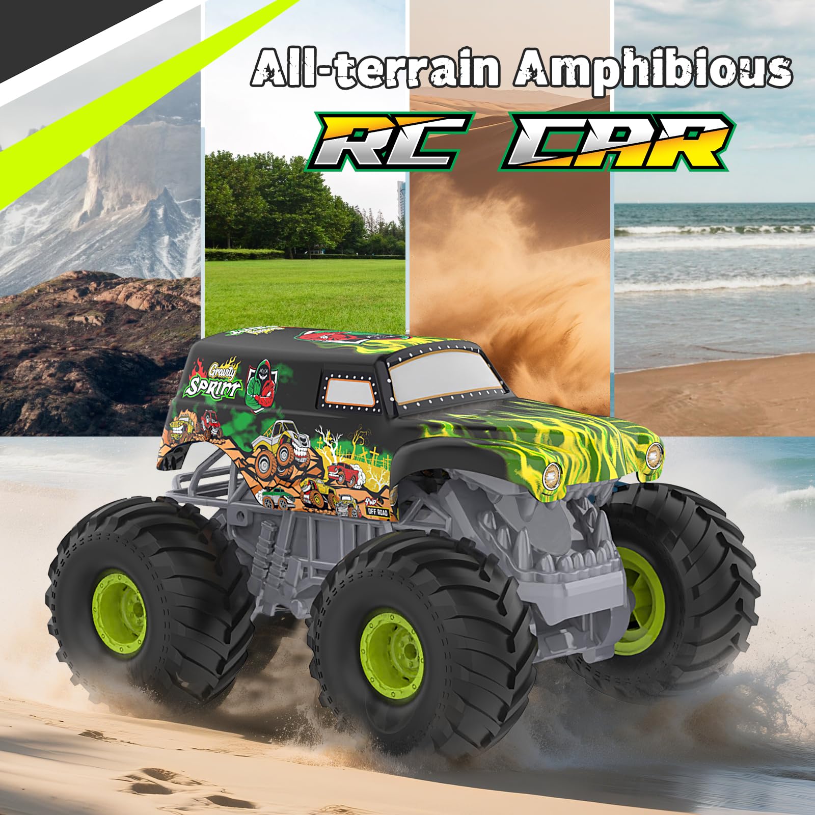 Zdalnie sterowany samochód amfibia RC Car: 4WD 2,4 GHz Offroad pojazd | Ze światłem All Terrain RC Crawler Truck dla 4 5 6 7 8 9 10 lat Dzieci i Dorośli Prezent na Boże Narodzenie Urodziny