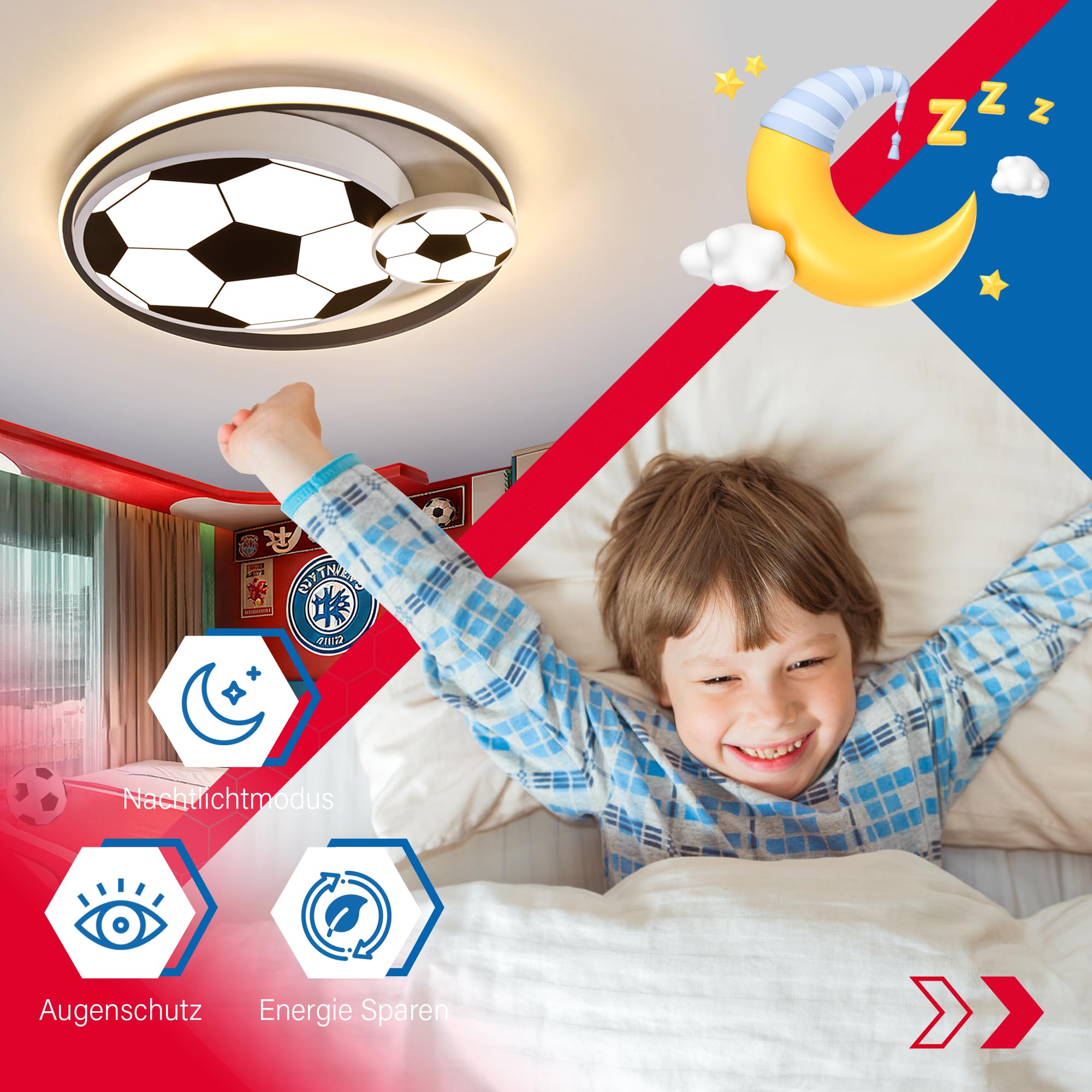 LED Deckenleuchten für Kinder Fußball Deckenlampe Schlafzimmerlampe 3000-6000K Dimmbar Mit Fernbedienung, Nachtlichtfunktion 47W für Kinderzimmerlampe Jugendzimmer Jungen- und Mädchenzimmer 40cm