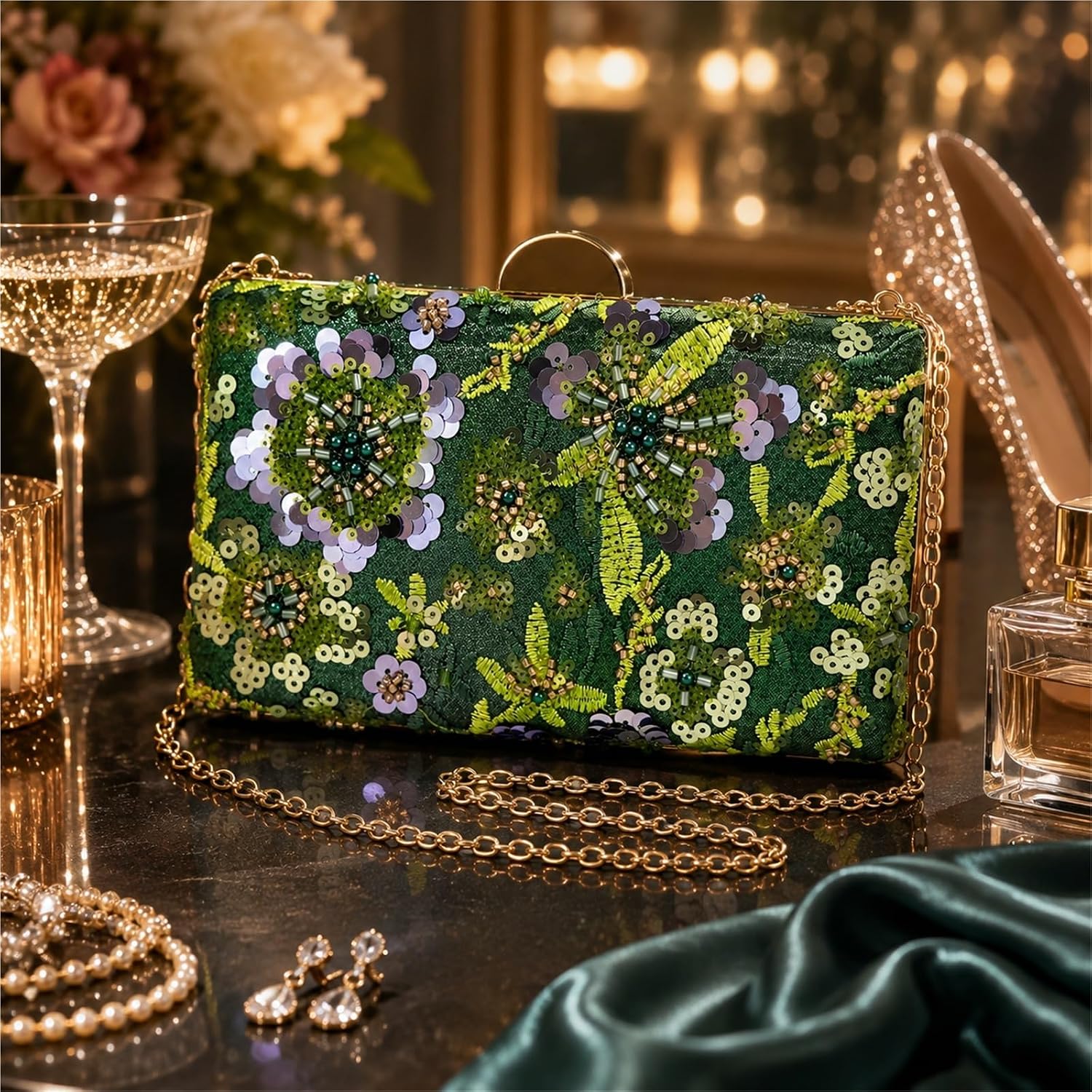 Floral Sequin Clutch Purse Beaded Evening Bag for Women Wedding image 3