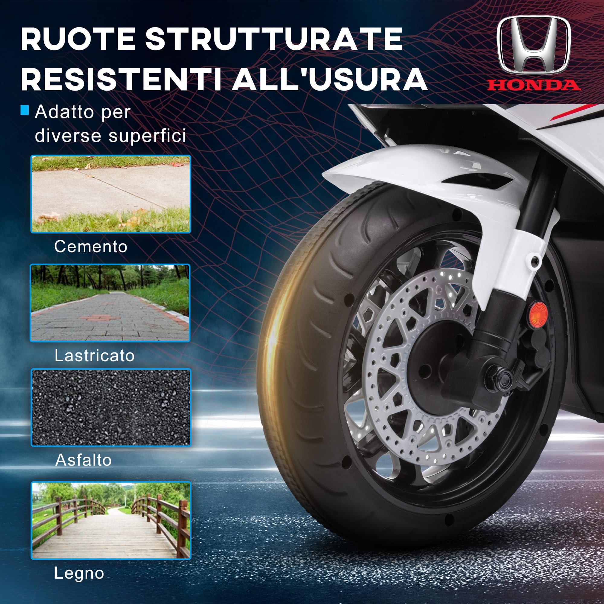 HOMCOM Moto Elettrica per Bambini con Licenza HONDA, Moto per Bambini Elettrica con Batteria 6V Ricaricabile, Velocità 3 km/h, Musica e Rotelle, Bianco