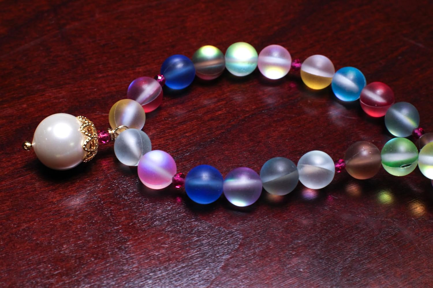 Matte Multi color Sea Glass, Mermaid bead,South Sea Seashell White Pearl pendant,Red Spinel Faceted Spacers Necklace plus 2" Extension