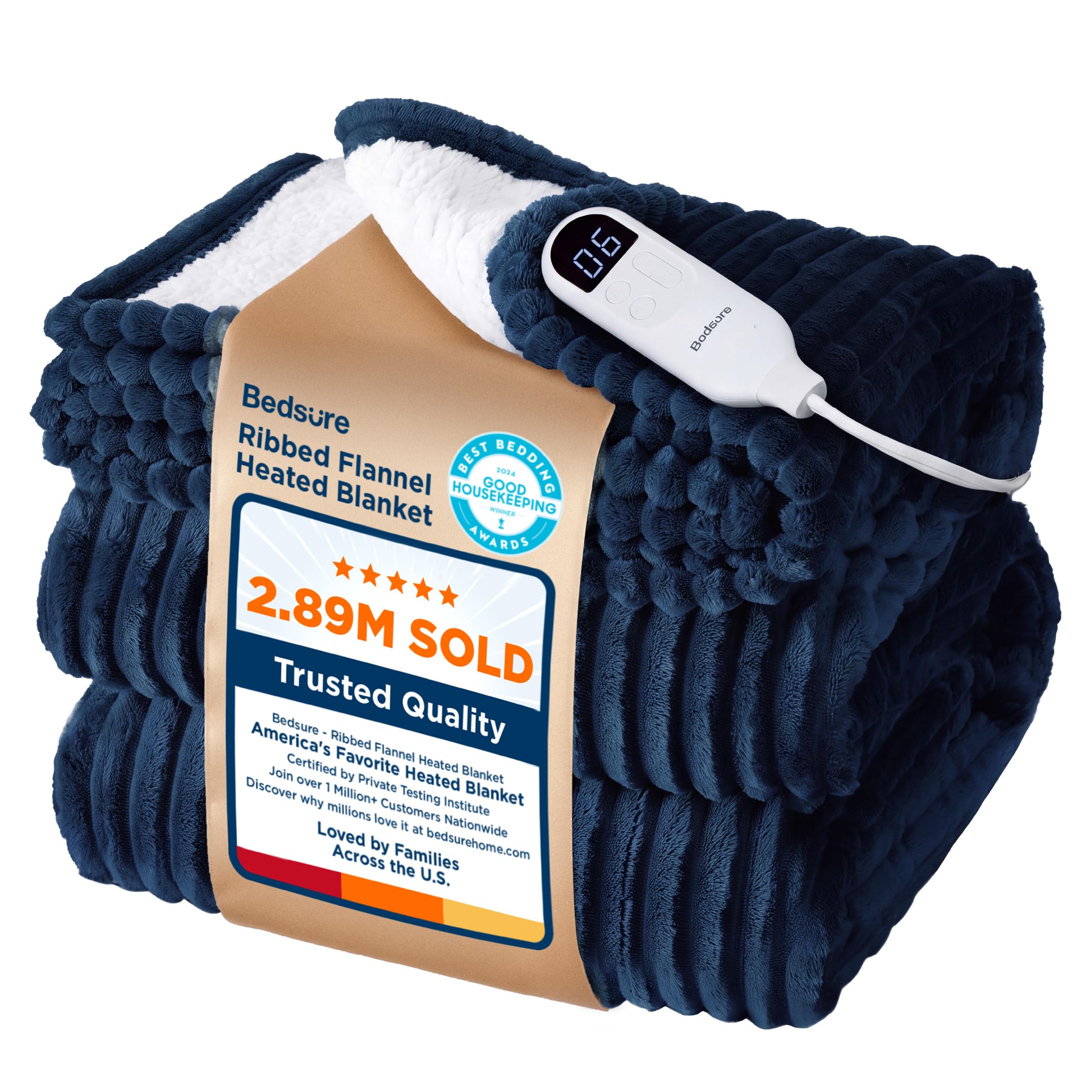 Bedsure Ribbed Electric Blanket Twin, Navy Heated Blanket, Preheat