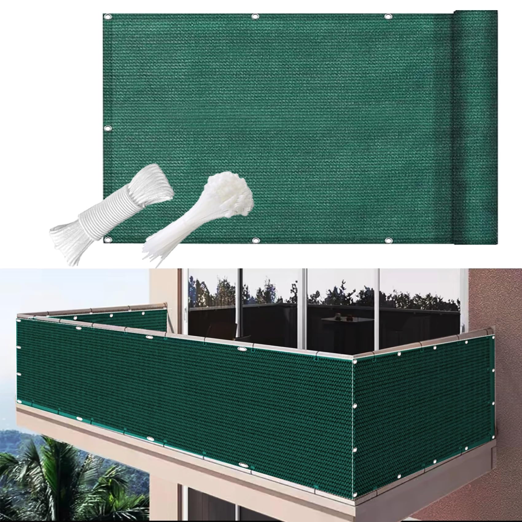 Rete Privacy Per Balcone 90x340 Cm - Schermo Ombreggiante In HDPE Con Occhielli, Verde Scuro