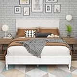 ECACAD Solid Wood Queen Bed Frame with Headboard, Rubberwood Platform Bed with Pine Slat Support, Mid-Century Modern, Under-Bed Space, No Box Spring Needed, Easy Assembly