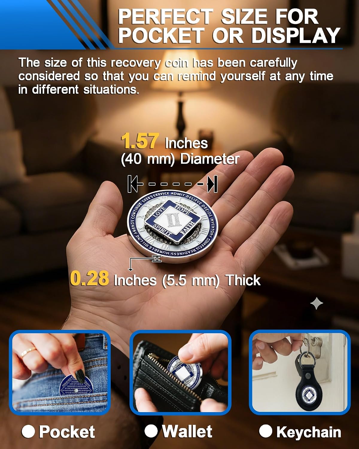 2 Year NA Sobriety Coin - Blue Rotating Rhombus Recovery Medallion with Crystals - Narcotics Anonymous Recovery Gifts for Men and Women, 12-Step Spinner Milestone Token - Just for Today