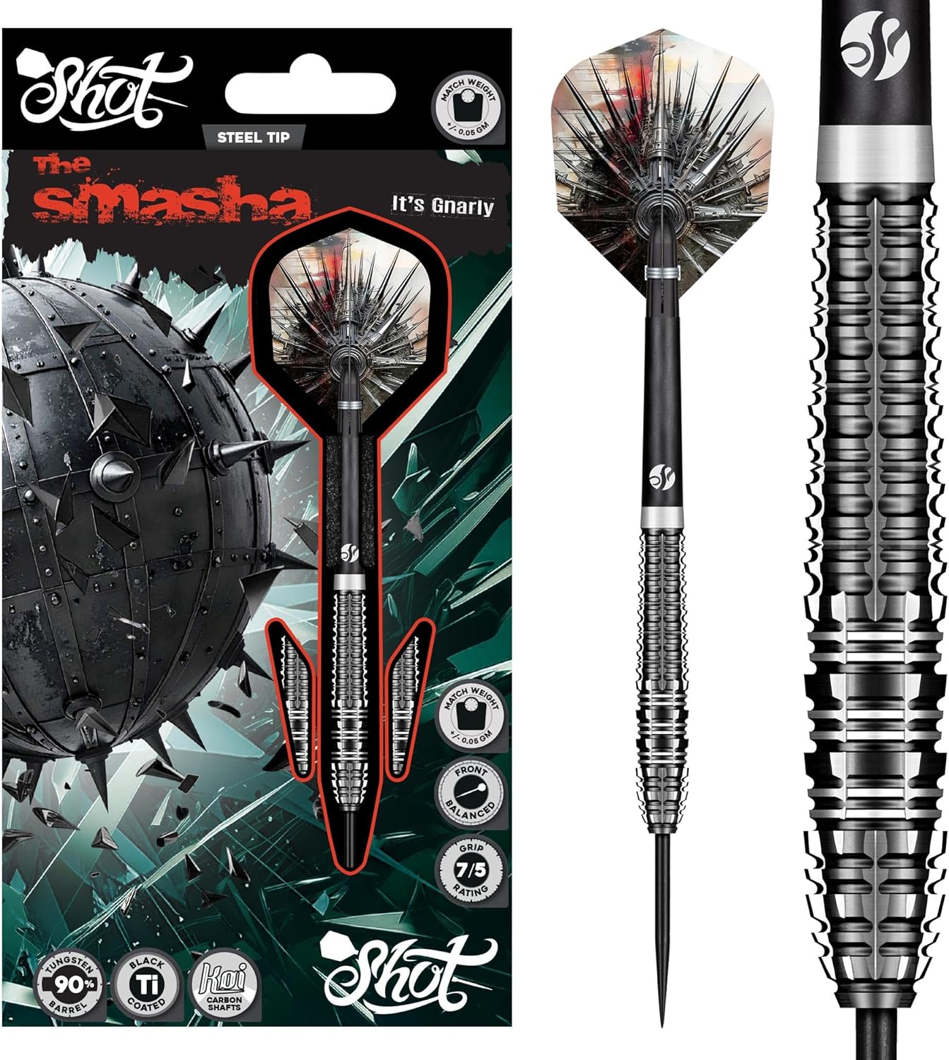 Shot! Gnarly Smasha Steel Tip Dart Set-90% Tungsten Barrels Handcrafted Professional Dart Set & Flights Made in New Zealand, Steel Tip Darts for Bristle Dartboard