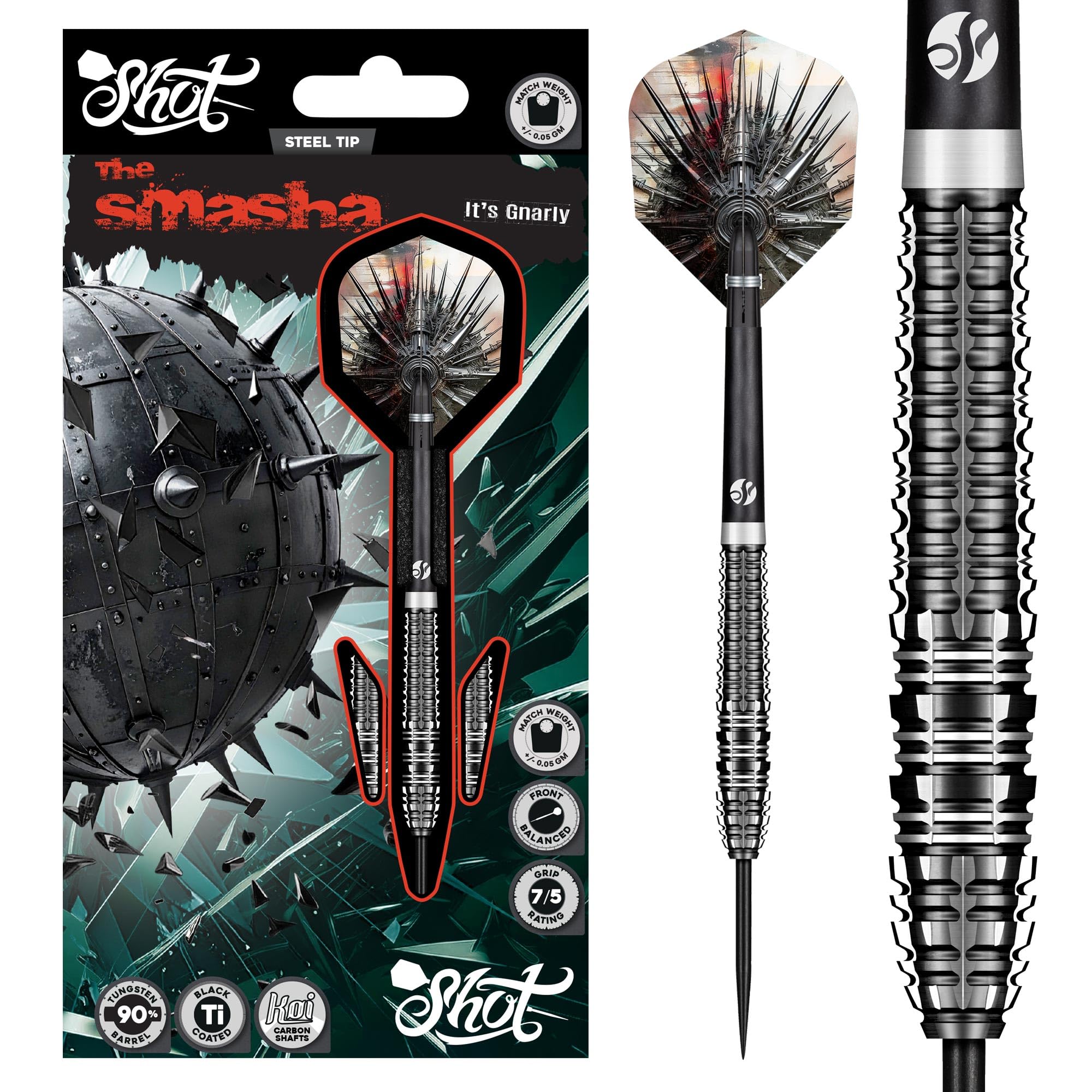 Shot! Gnarly Smasha Steel Tip Dart Set-90% Tungsten Barrels Handcrafted Professional Dart Set & Flights Made in New Zealand, Steel Tip Darts for Bristle Dartboard (25, Grams)
